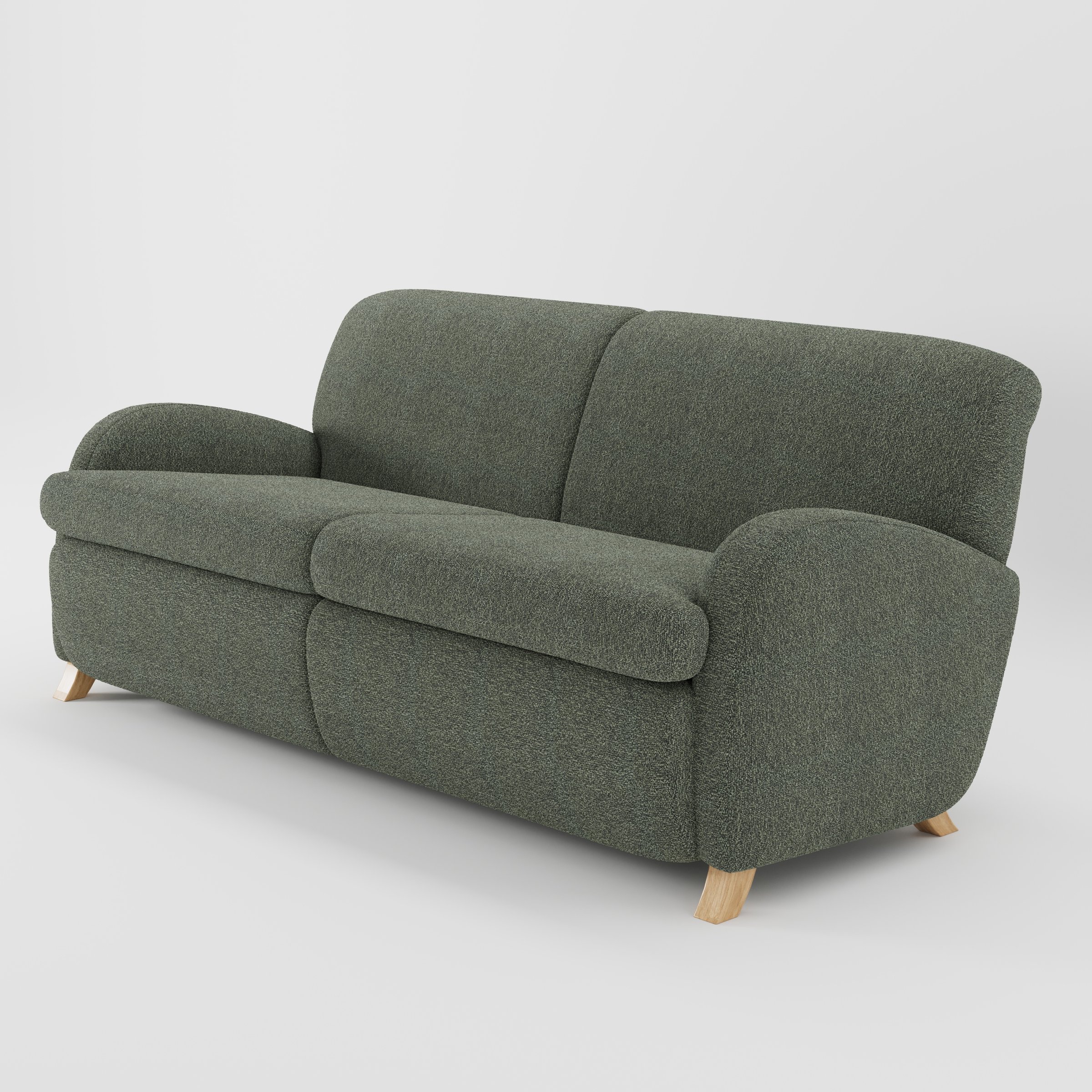 Rye sofa in Kilda Boucle Moss shown at a diagonal angle highlighting arm profile and seat depth.