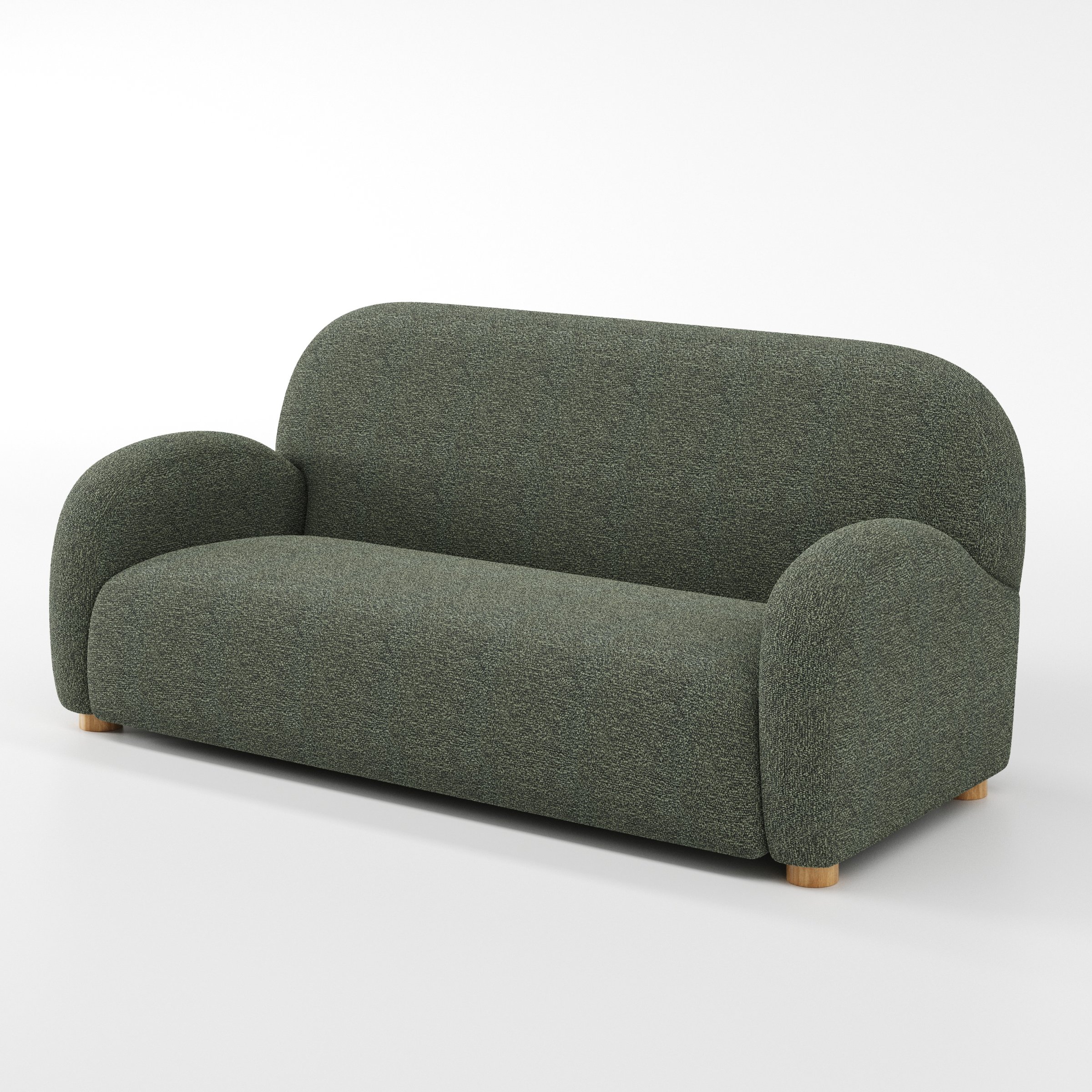 Awe sofa in Kilda Boucle Moss shown at a diagonal angle highlighting arm profile and seat depth.