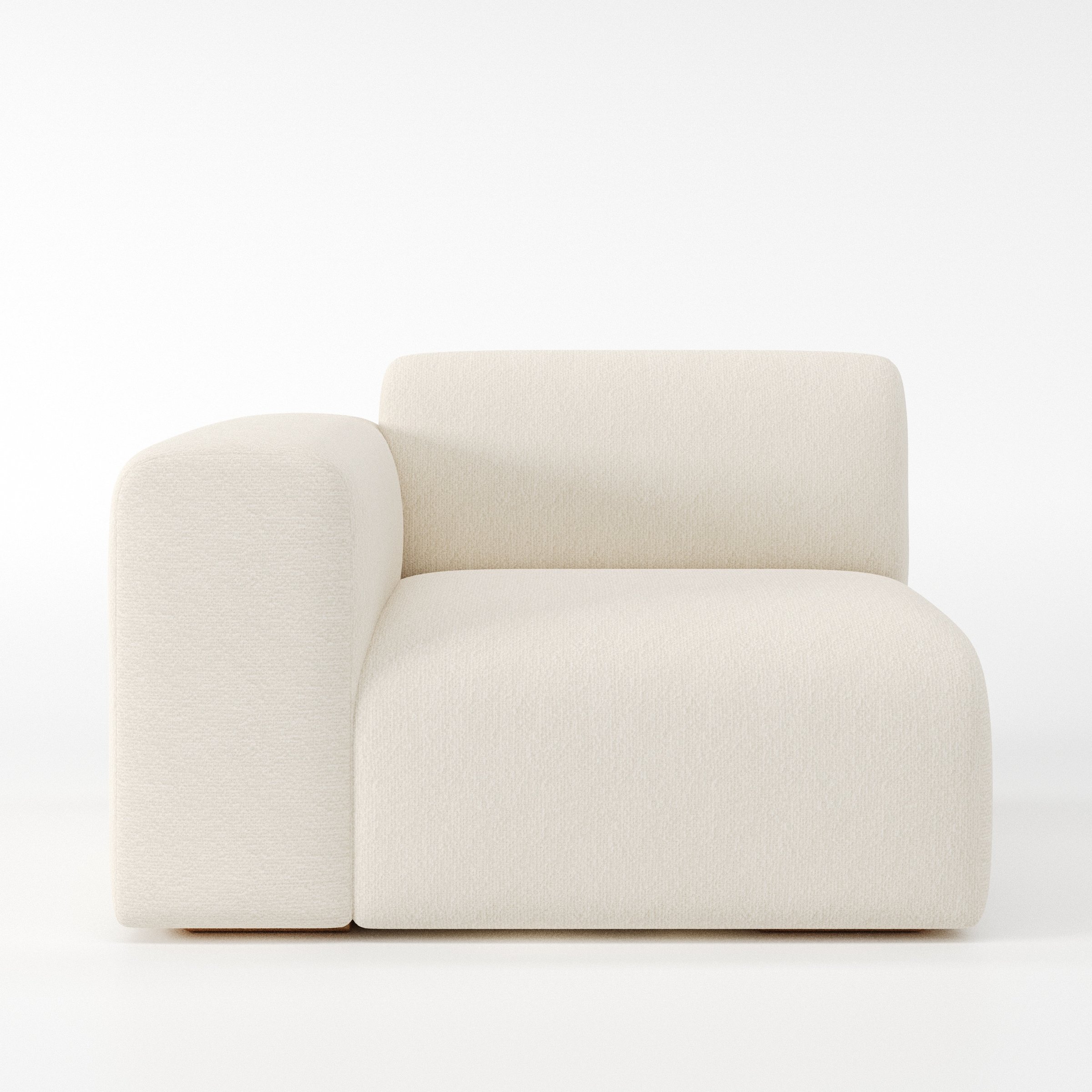 Drumquin modular sofa left side unit in Kilda Bouclé Cream shown from the front with a low, deep seat and a rounded left armrest.