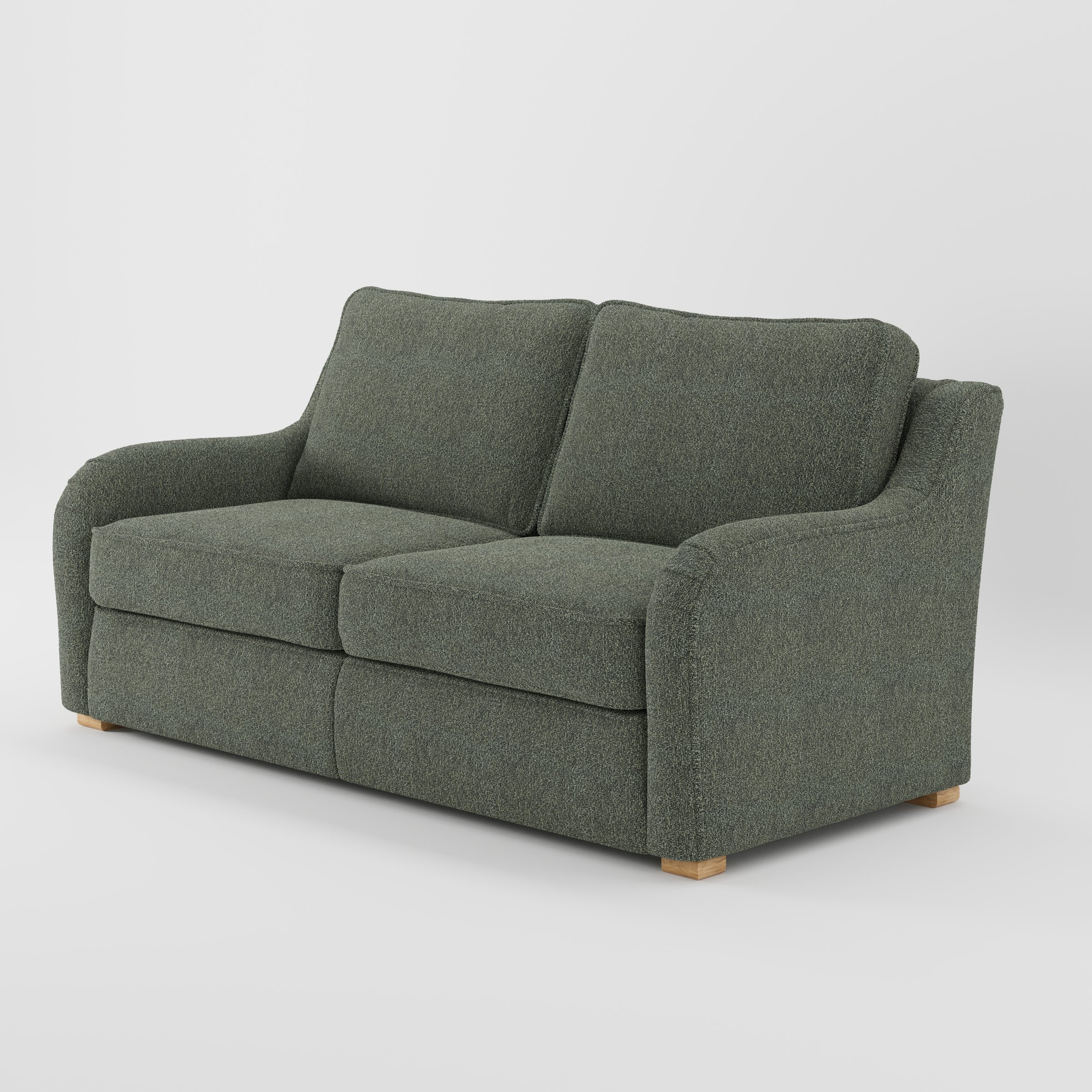 Cashel sofa in Kilda Boucle Moss shown at a diagonal angle highlighting arm profile and seat depth.