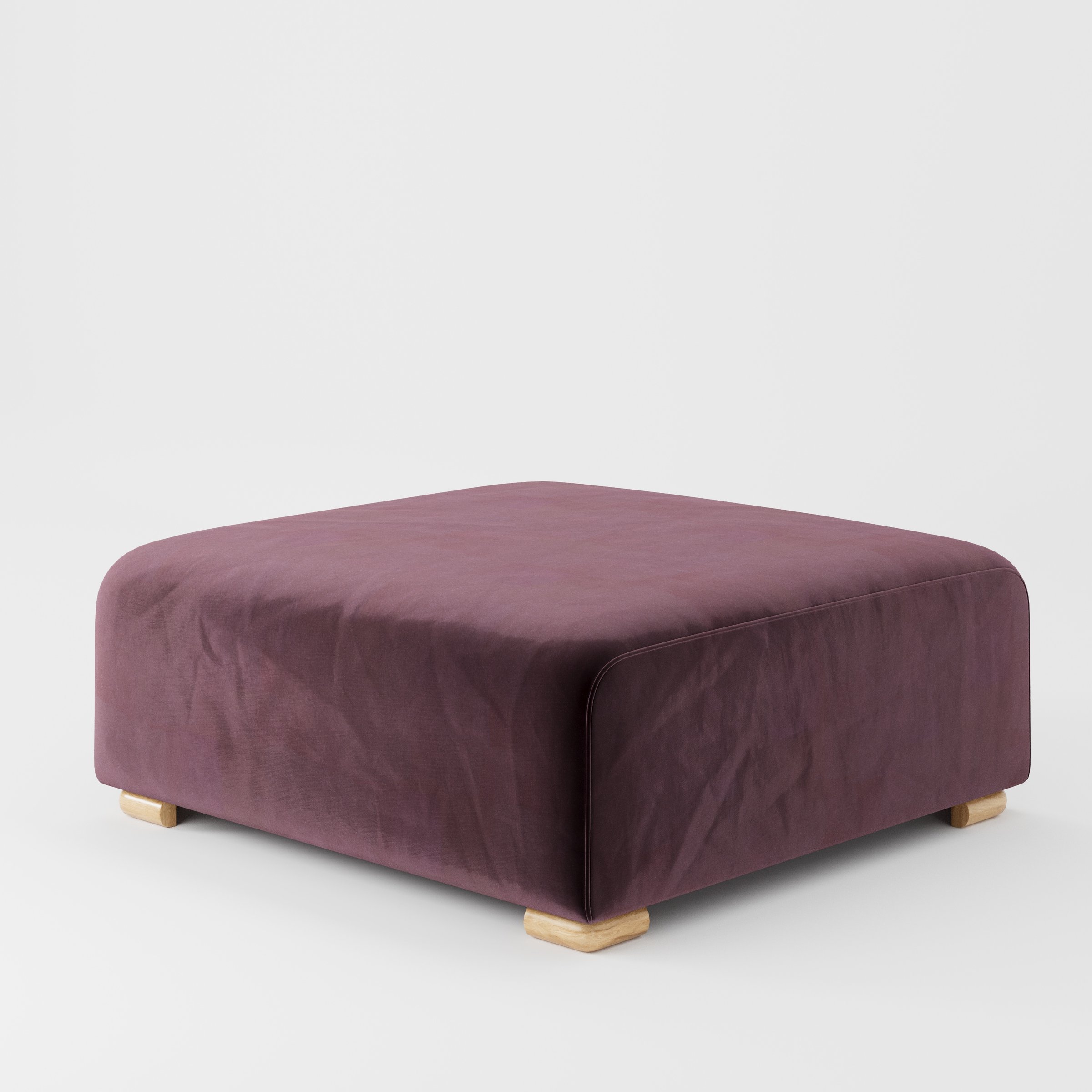 Tay footstool in Noss Velvet Plum shown at a diagonal angle highlighting clean edges and compact form.
