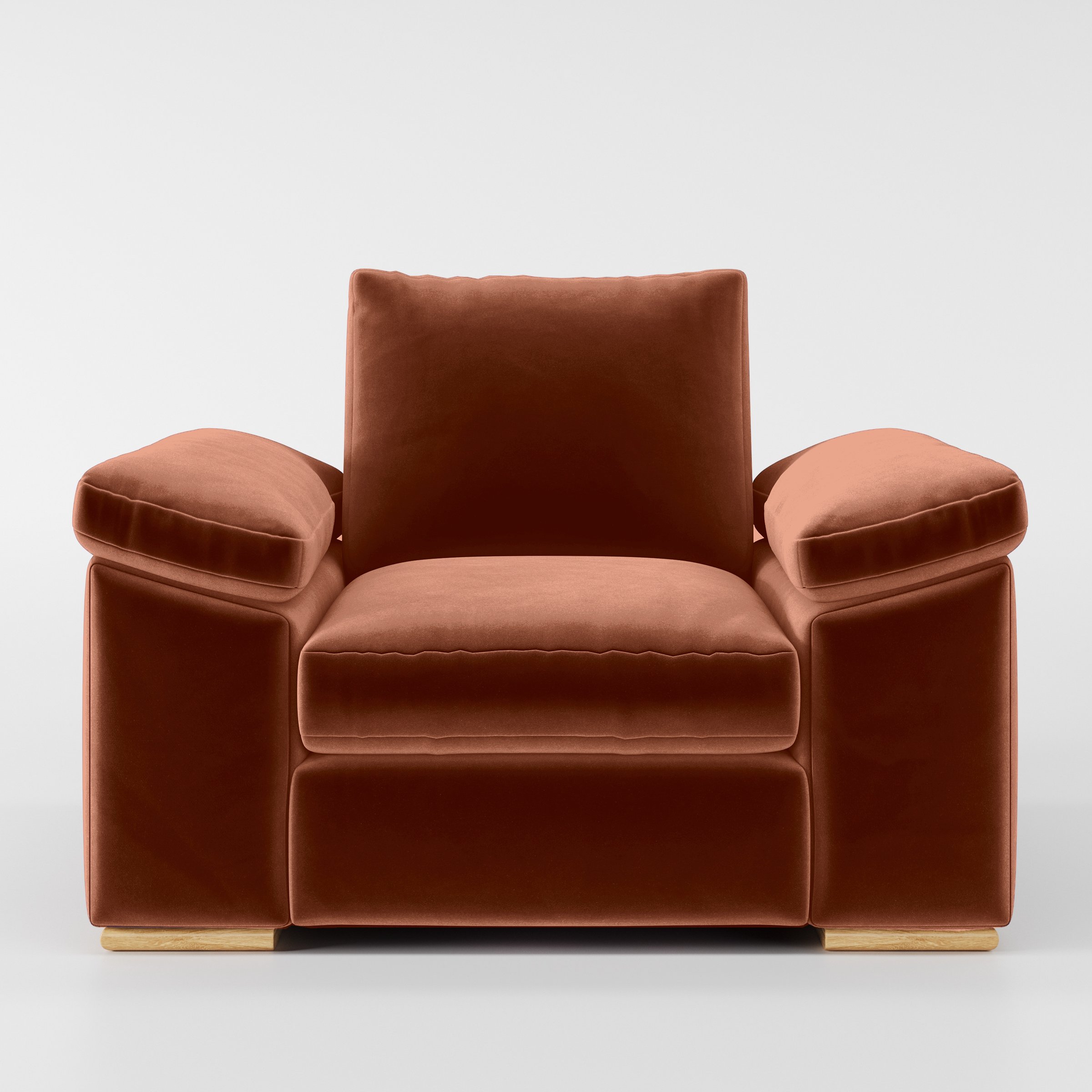 Front view of the Moy armchair upholstered in Plush EasyClean Velvet in Apricot.