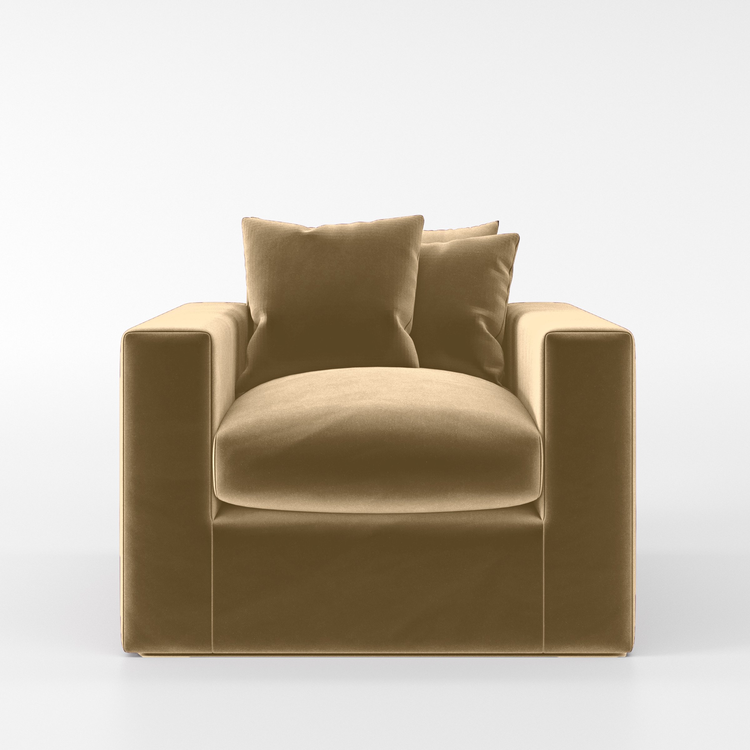 Front view of the Coniston armchair upholstered in Plush EasyClean Velvet in Cafe.
