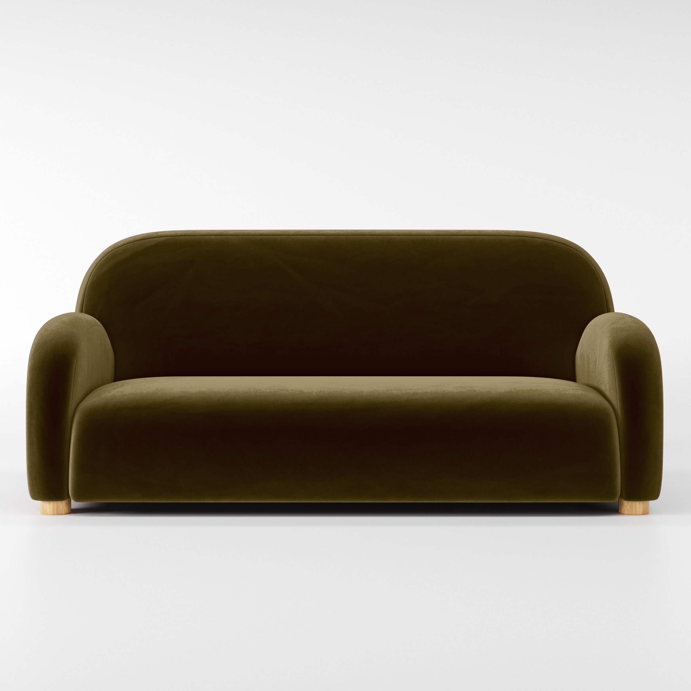 Front view of the Awe sofa upholstered in Plush EasyClean Velvet in Cedar.