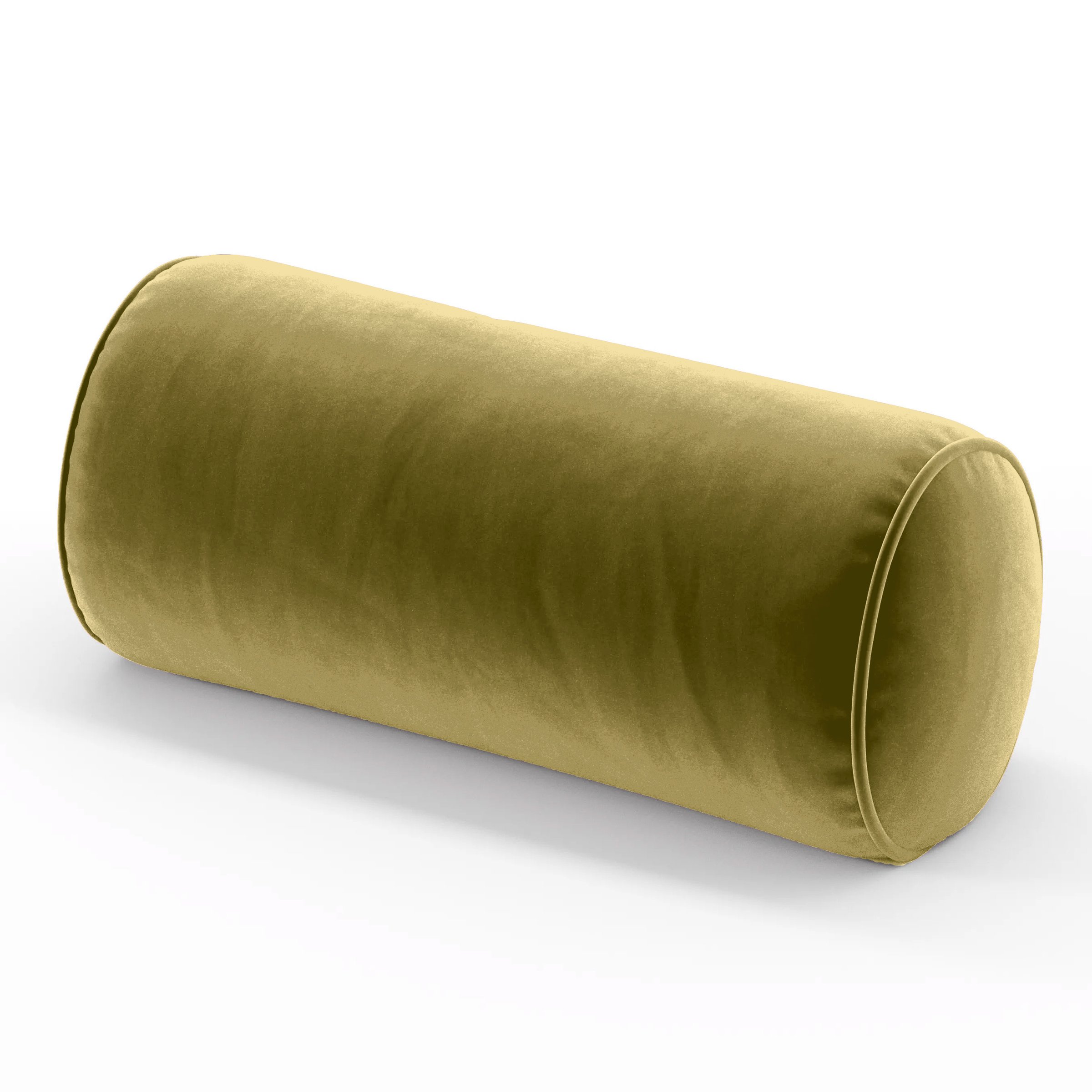 Ledger Cushion cylindrical bolster cushion with piping upholstered in Plush EasyClean Velvet in Celery, size 26cm x 56cm.
