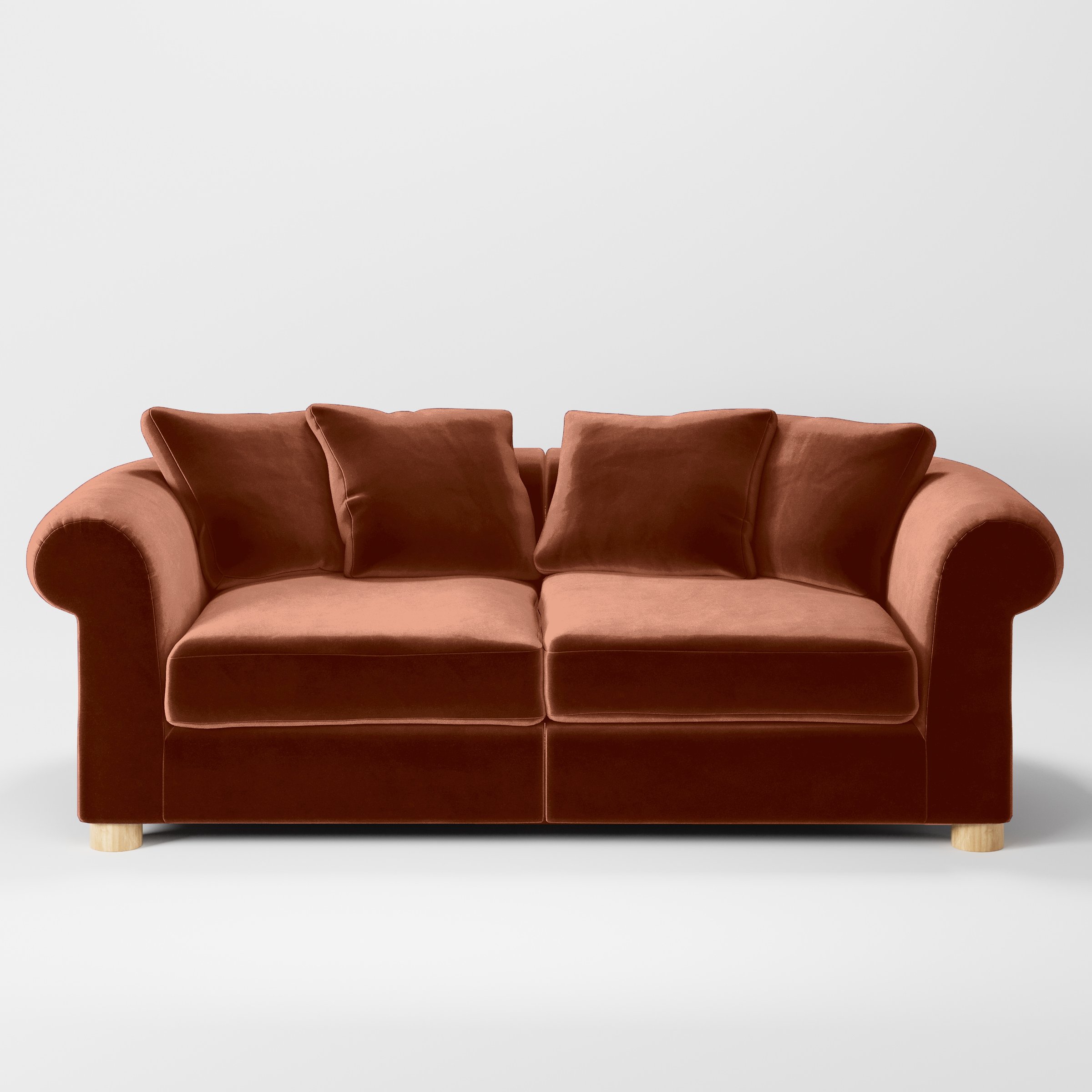 Front view of the Windermere sofa upholstered in Plush EasyClean Velvet in Apricot.