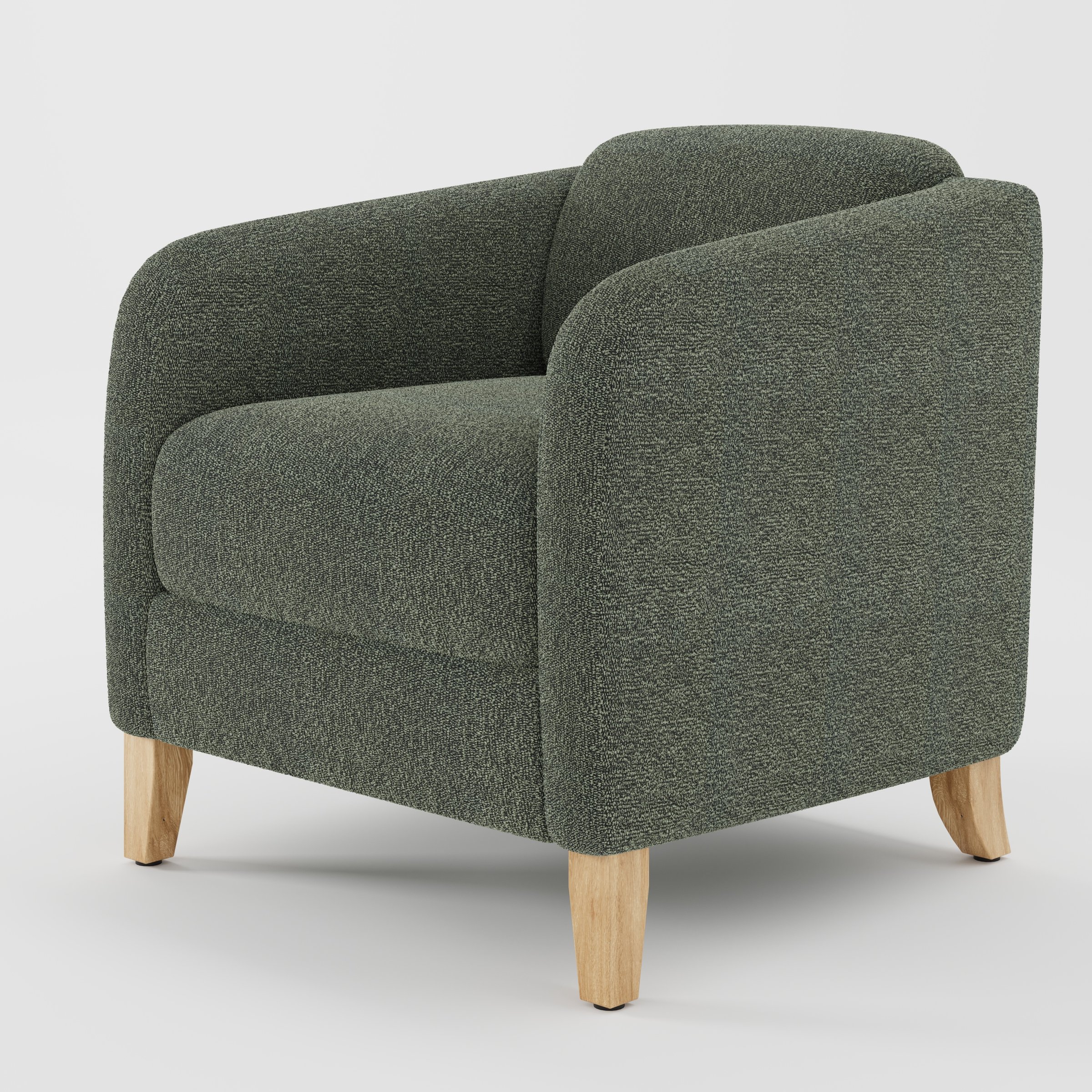 Erne armchair in Kilda Boucle Moss shown at a diagonal angle highlighting curved arms and compact seat depth.