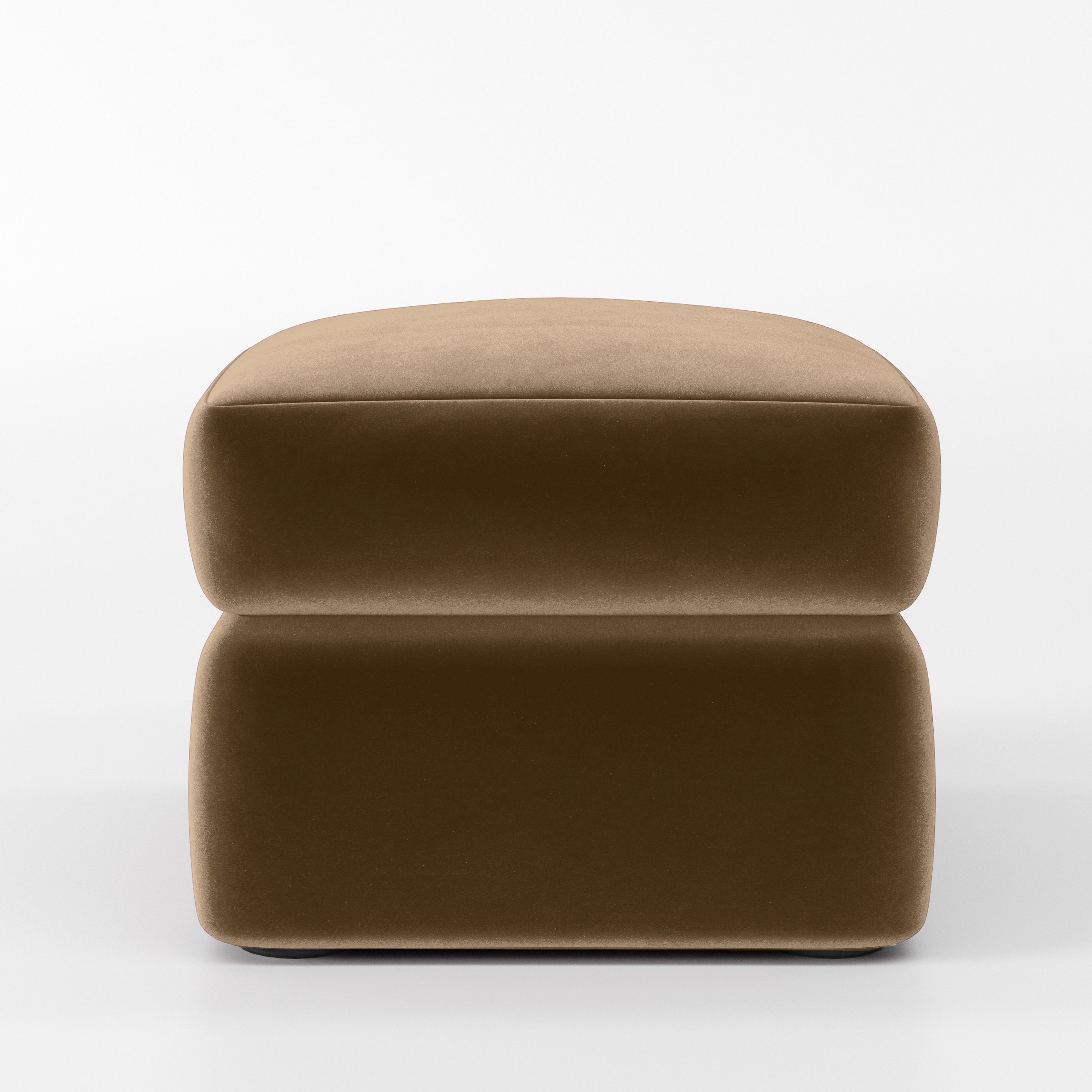Front view of the Coniston footstool upholstered in Plush EasyClean Velvet in Caribou.