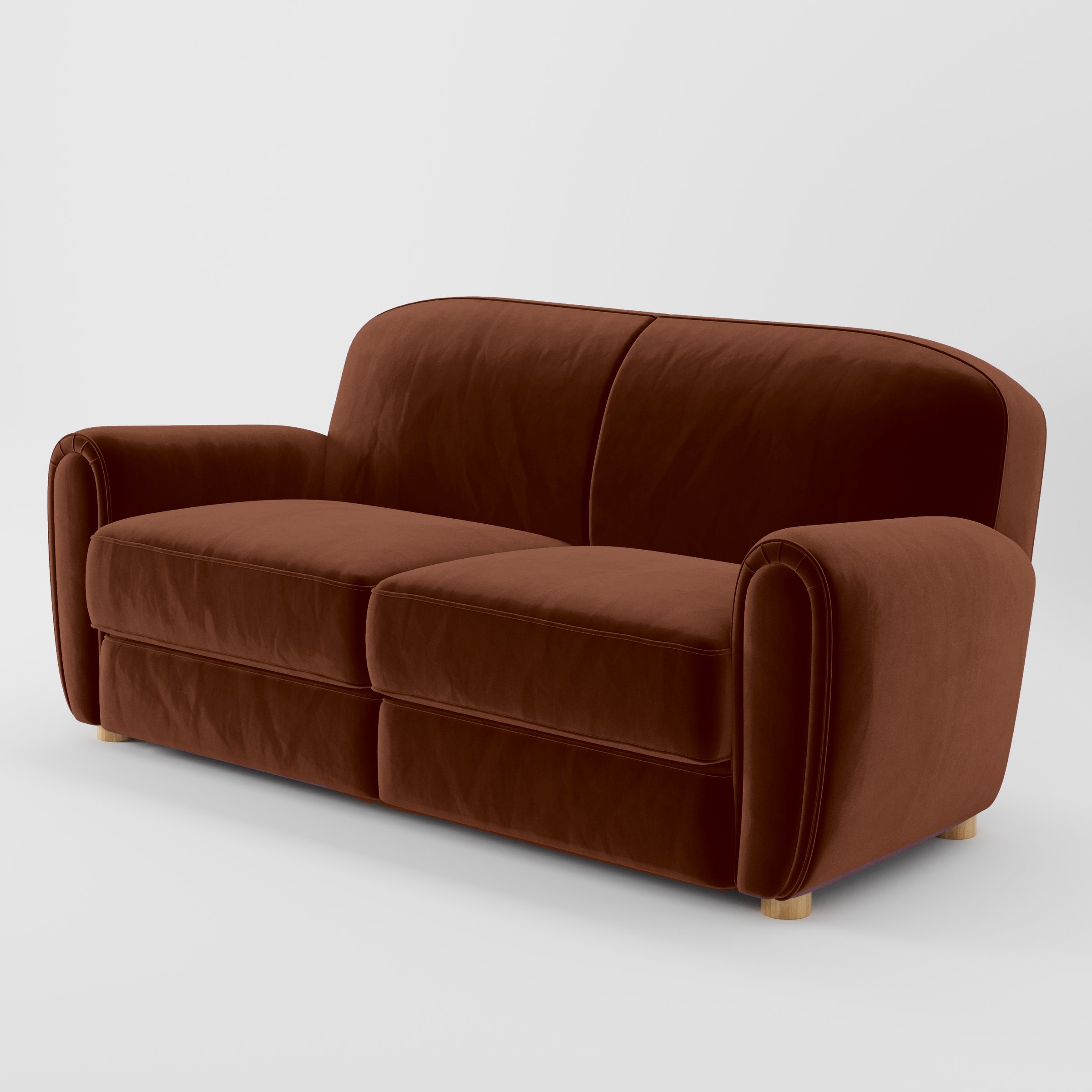 Diagonal view of the Fergus sofa upholstered in Plush EasyClean Velvet in Maple.
