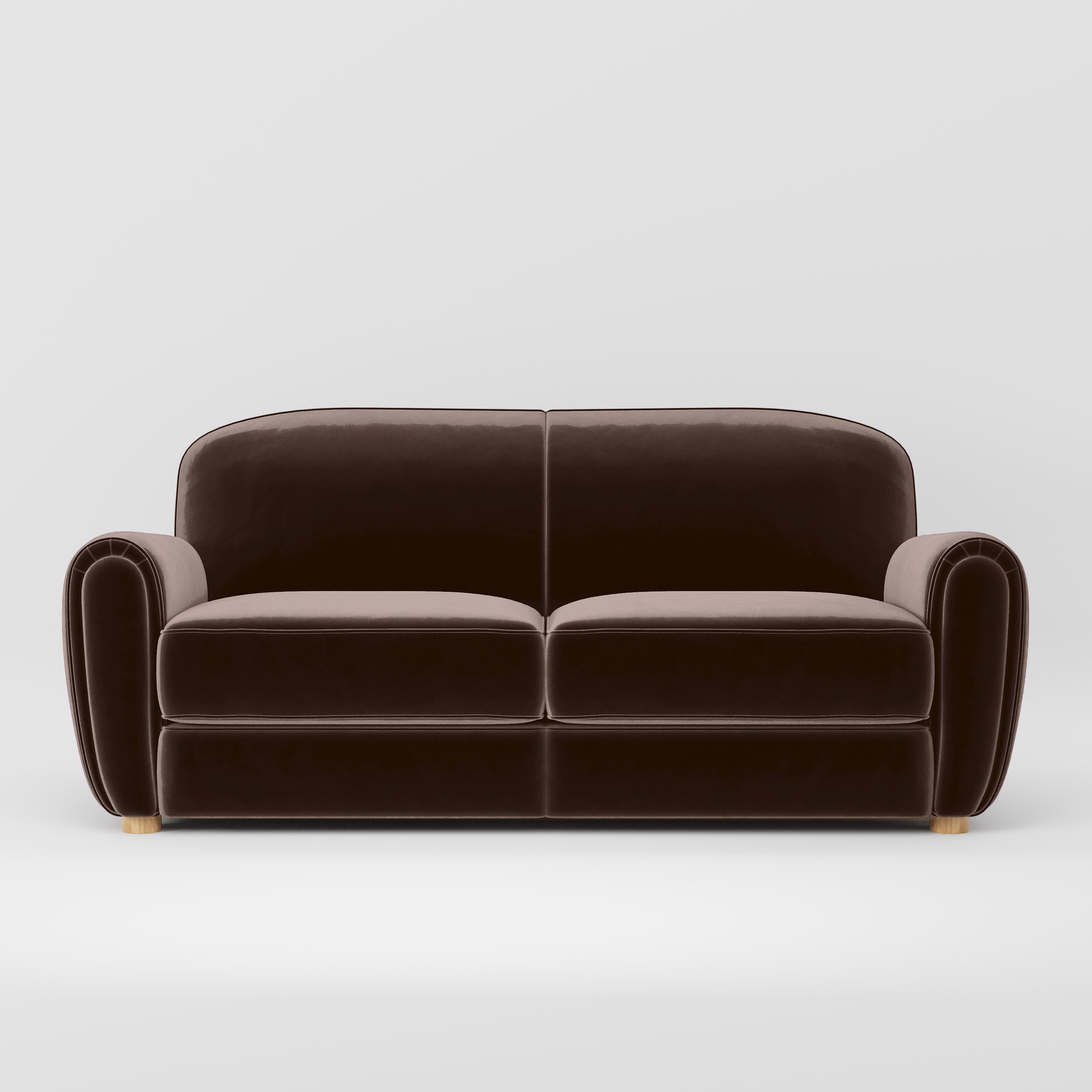 Front view of the Fergus sofa upholstered in Plush EasyClean Velvet in Mole.