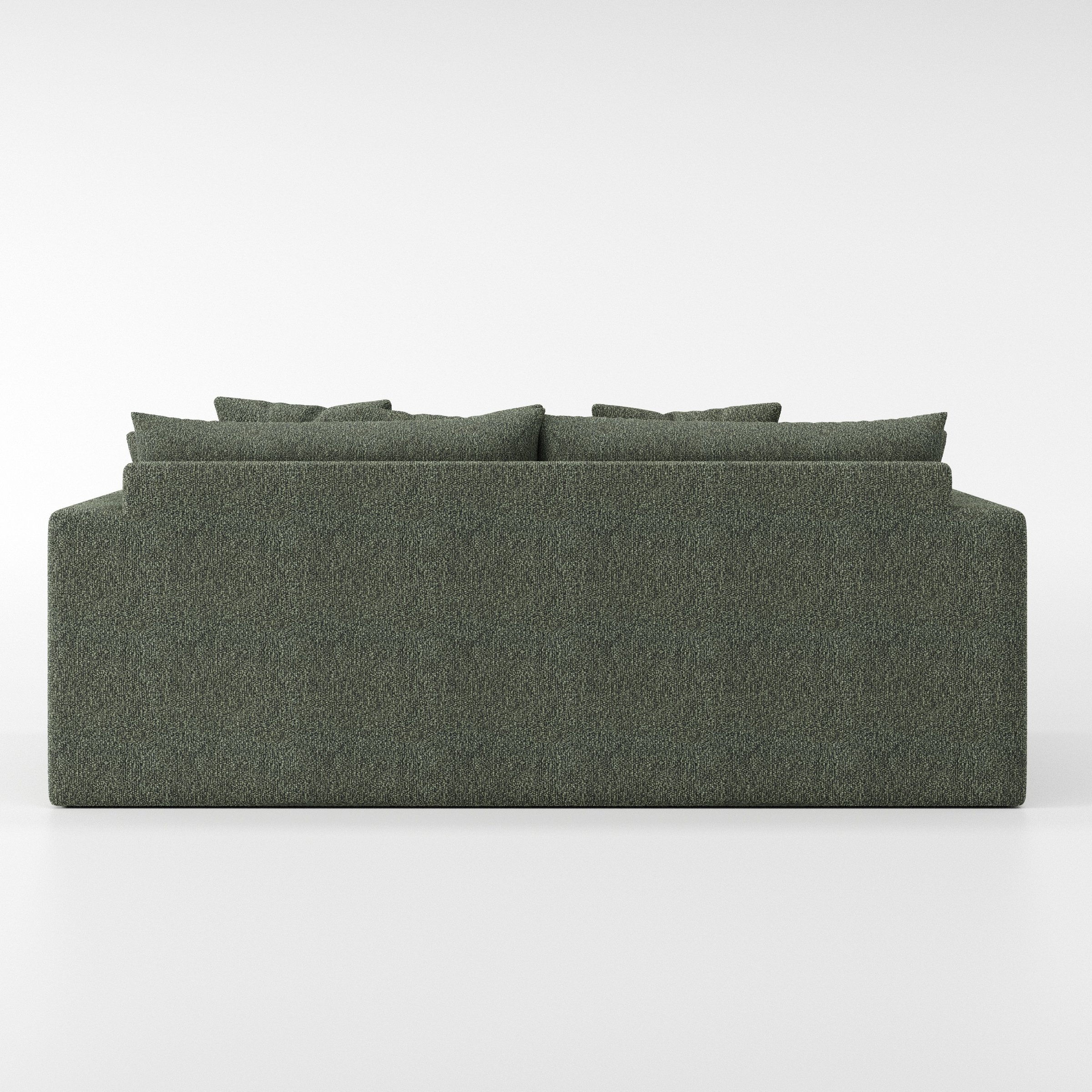 Coniston sofa in Kilda Boucle Moss shown from the rear highlighting back cushions and upholstery finish.