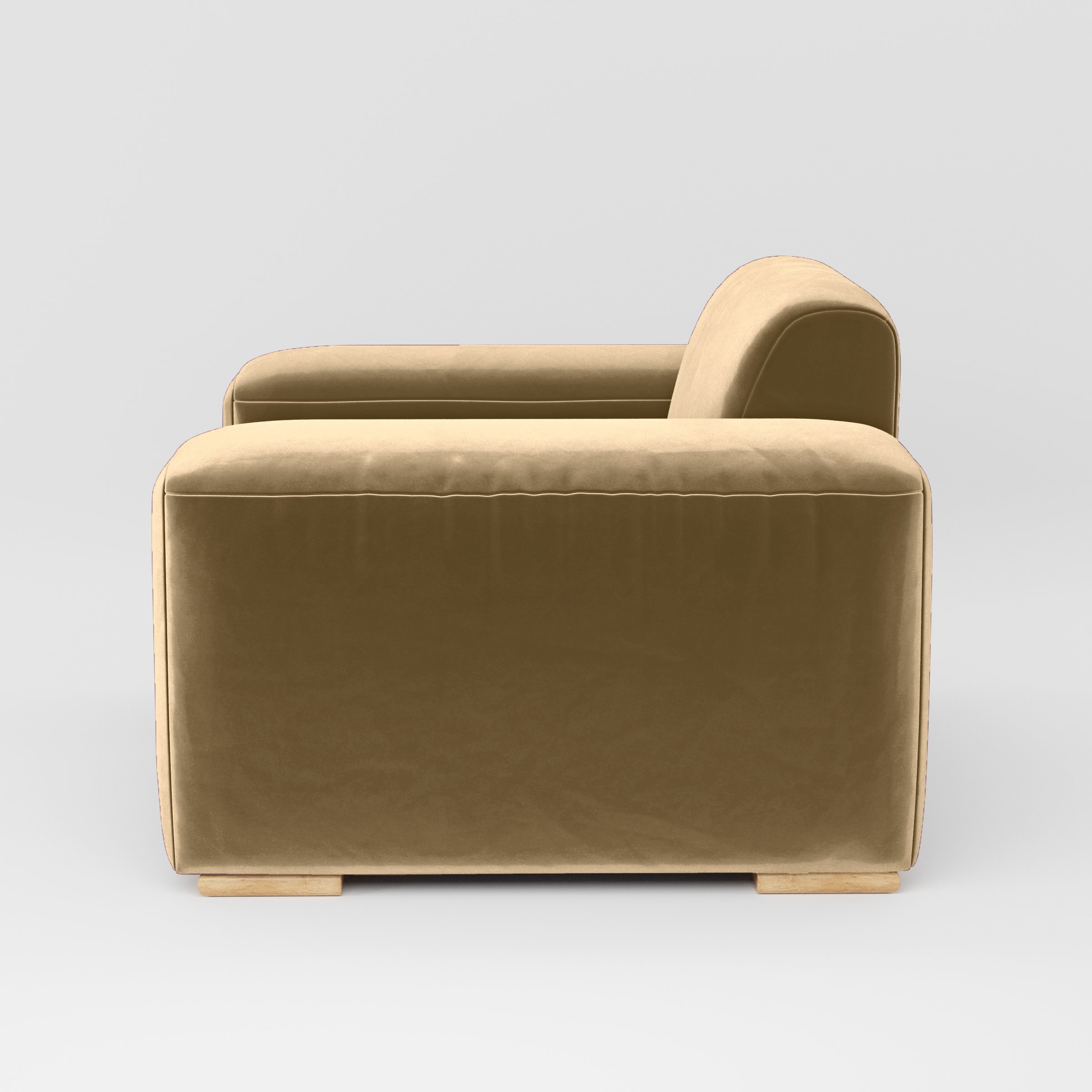 Side view of the Darwell armchair upholstered in Plush EasyClean Velvet in Cafe.