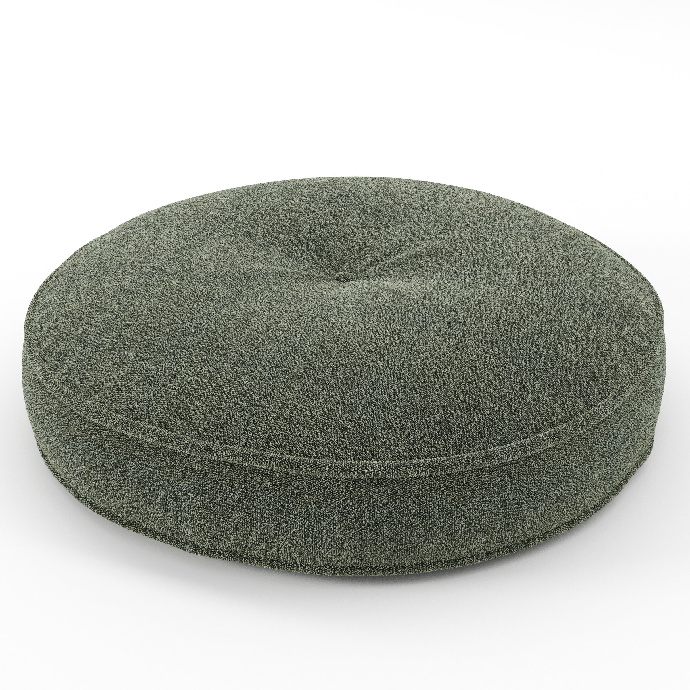 Cove cushion in Kilda Boucle Moss, round tufted cushion with border and piping in textured moss green boucle with central tuft, size 60cm x 8.75cm