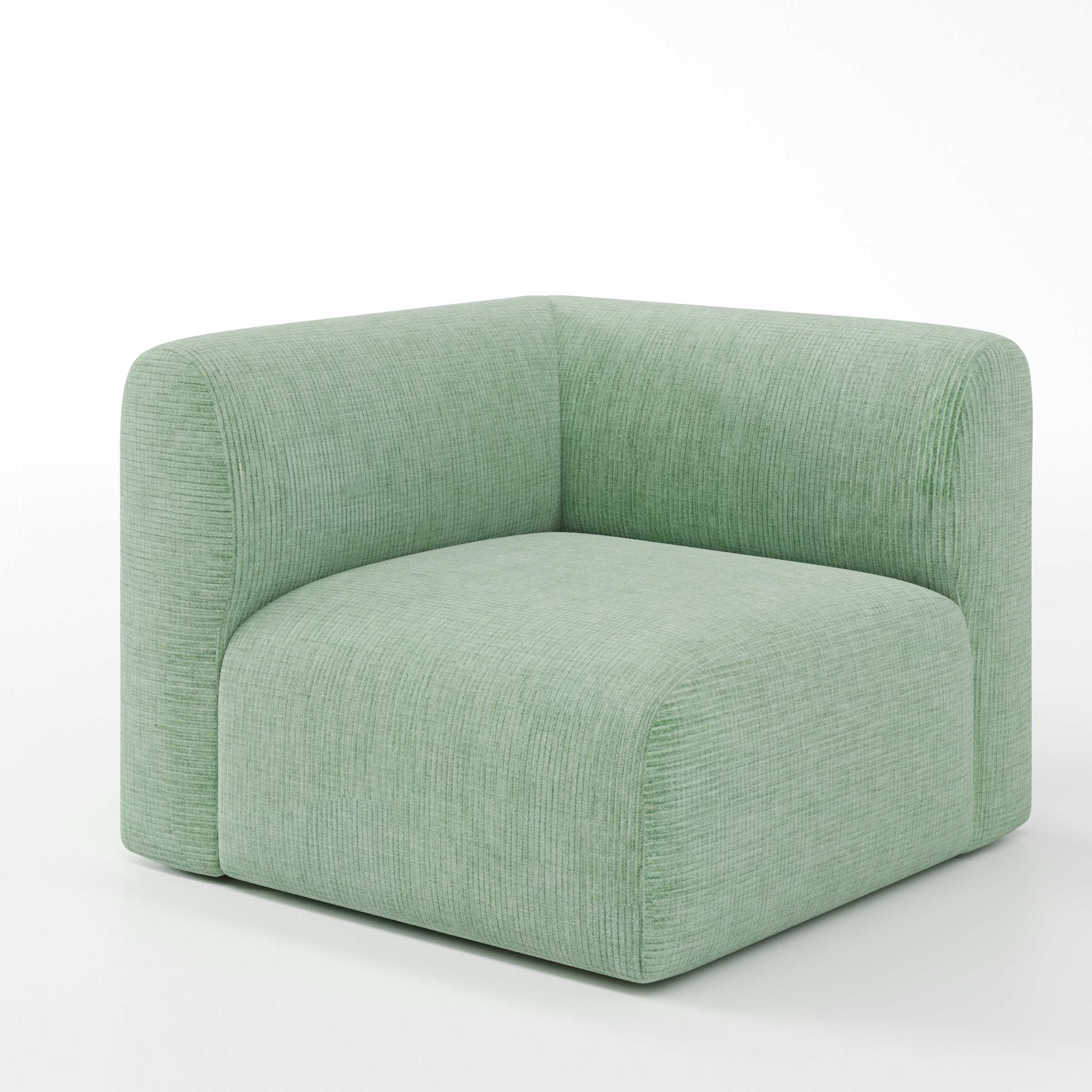 Drumquin modular sofa corner unit in Caldey Velvet Corduroy Eucalyptus shown at a diagonal angle highlighting the curved corner backrest and deep, enveloping seat.