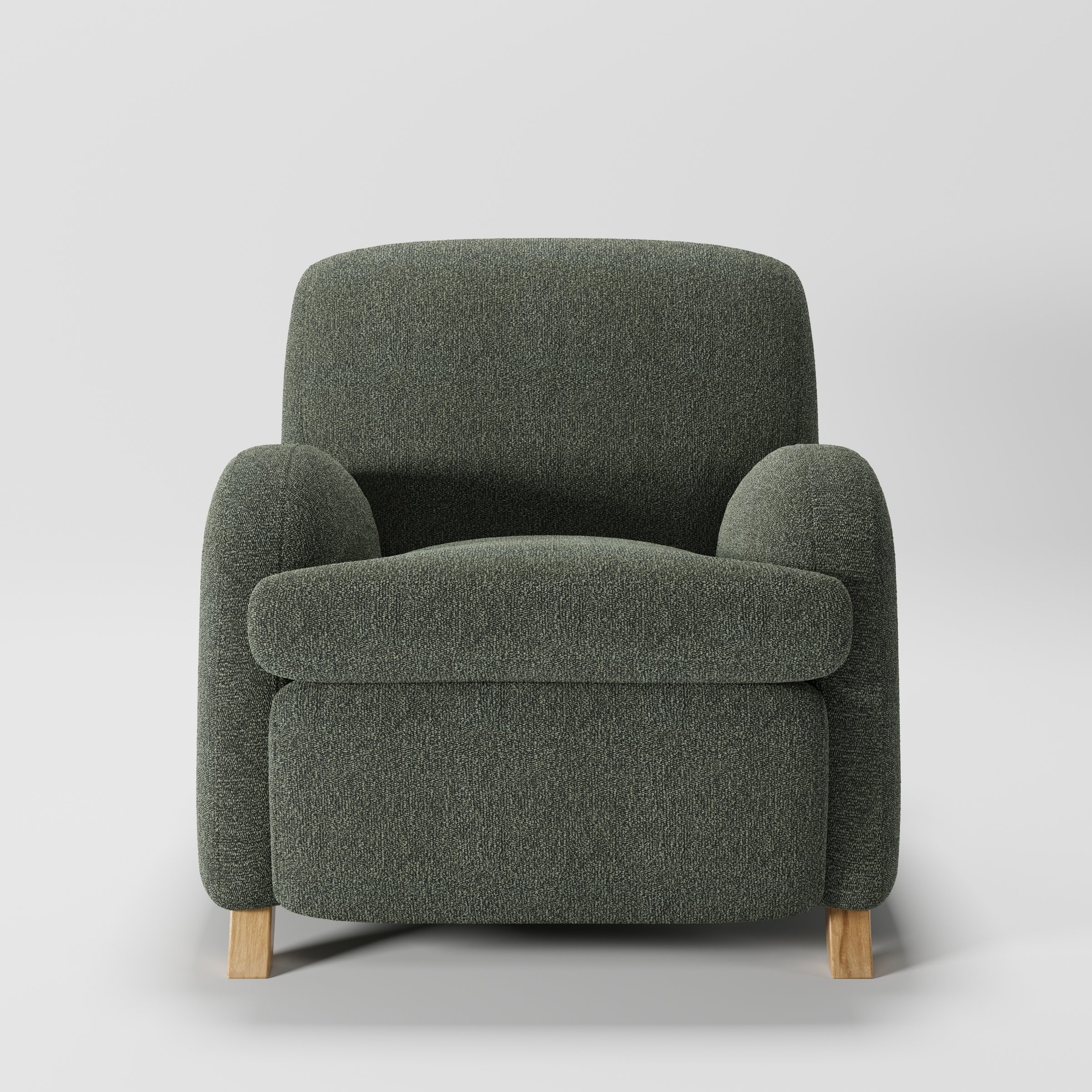 Rye armchair in Kilda Boucle Moss shown front-on against a neutral studio backdrop.