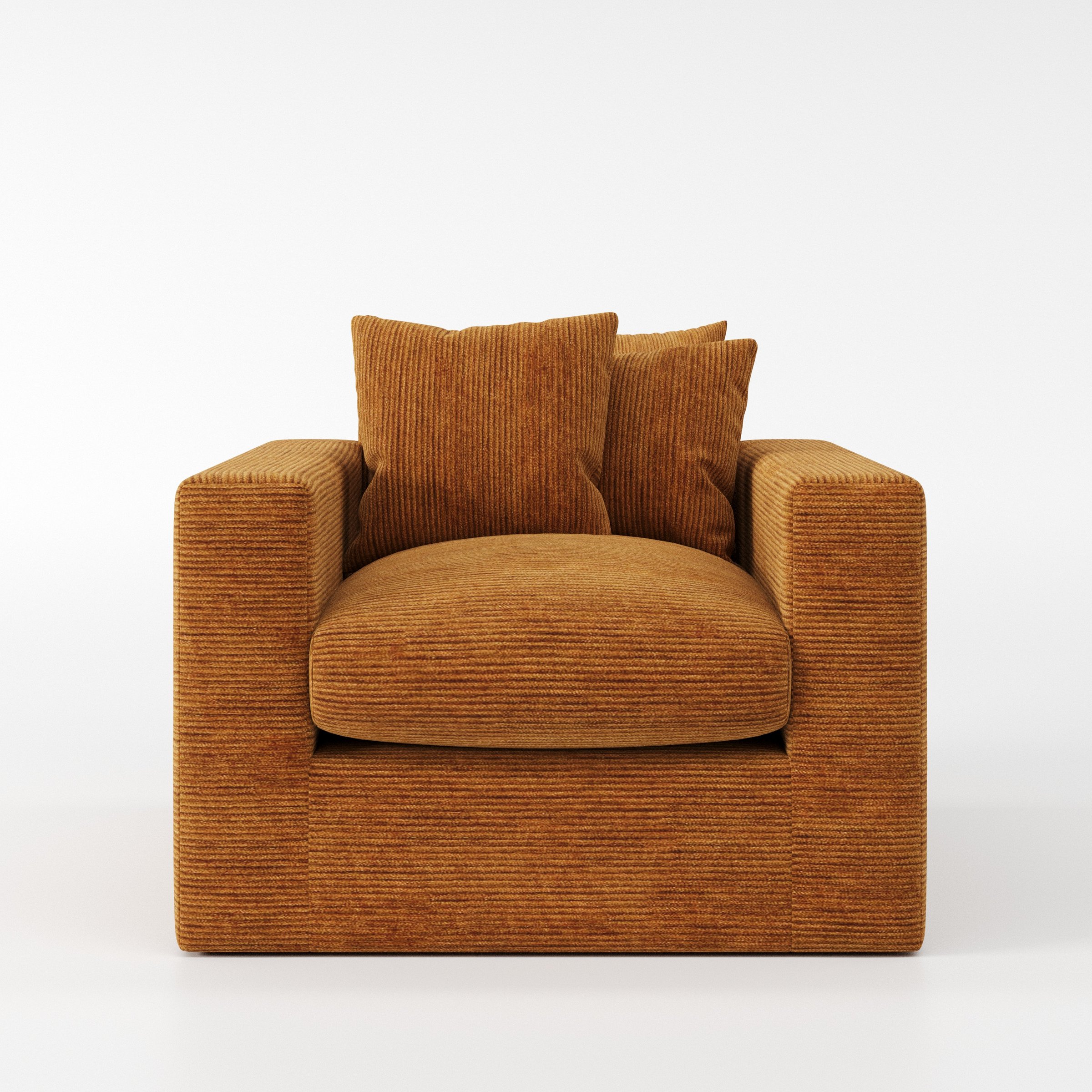 Coniston armchair in Caldey Velvet Corduroy Tobacco shown front-on against a neutral studio backdrop.