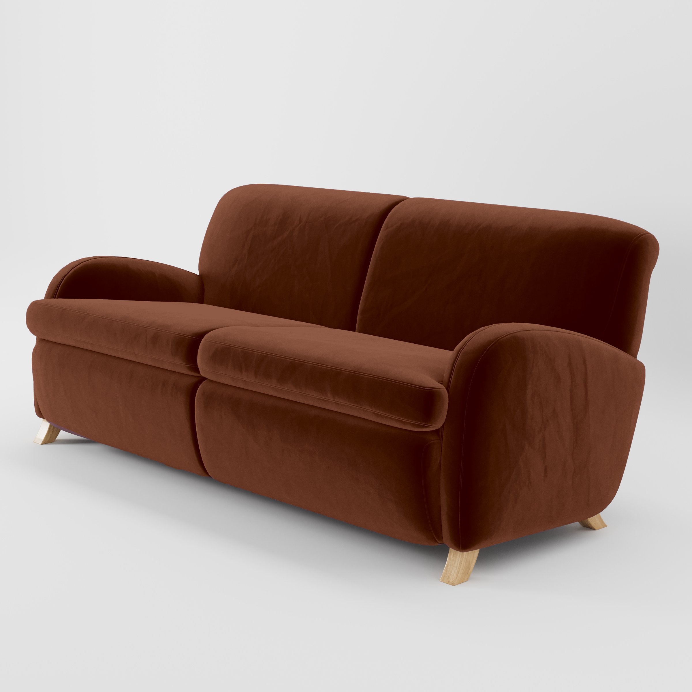 Diagonal view of the Rye sofa upholstered in Plush EasyClean Velvet in Maple.