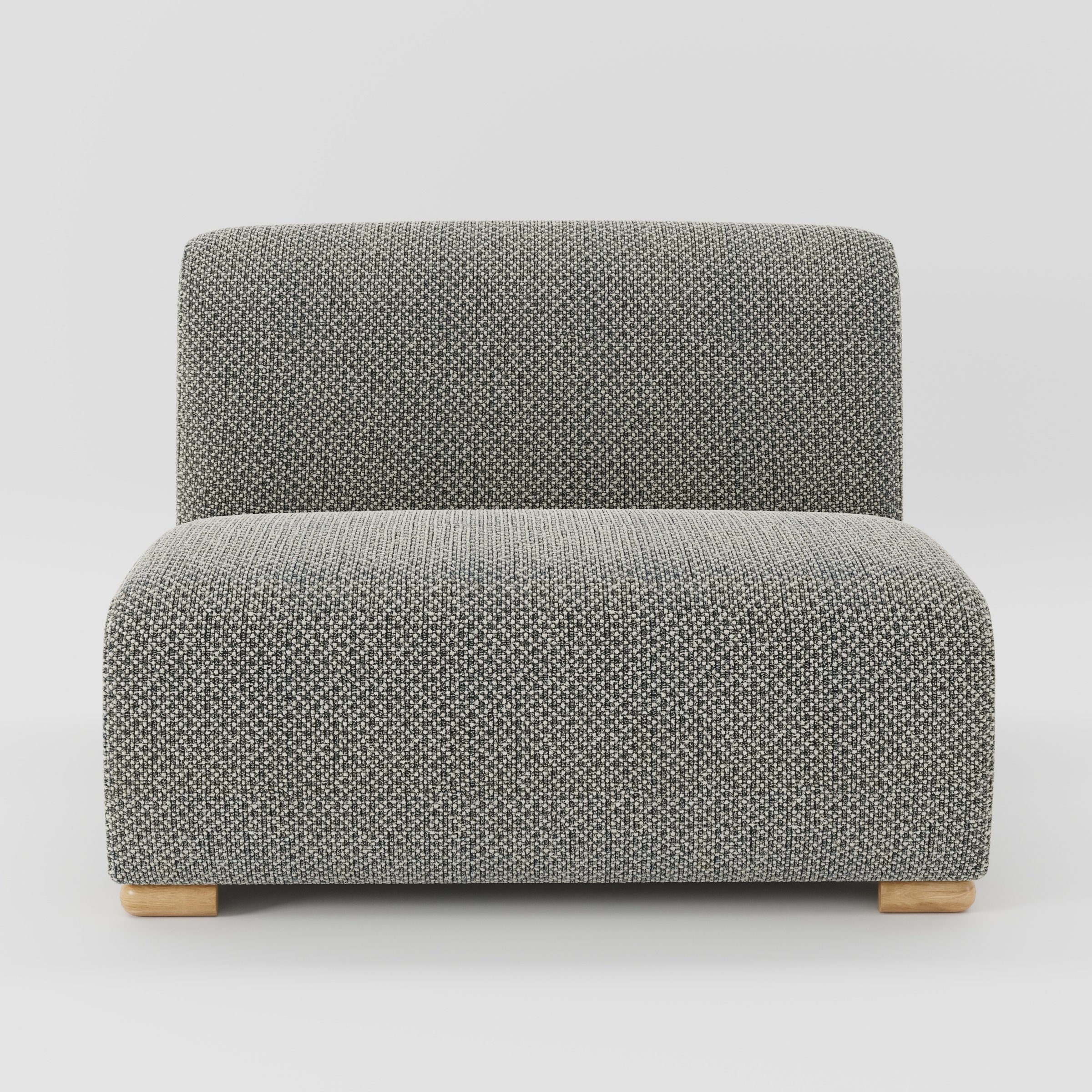 Tay single sofa unit in Rousay Wool Blend Tar and Chalk shown from the front with a low, armless design, deep seat and visible timber feet.