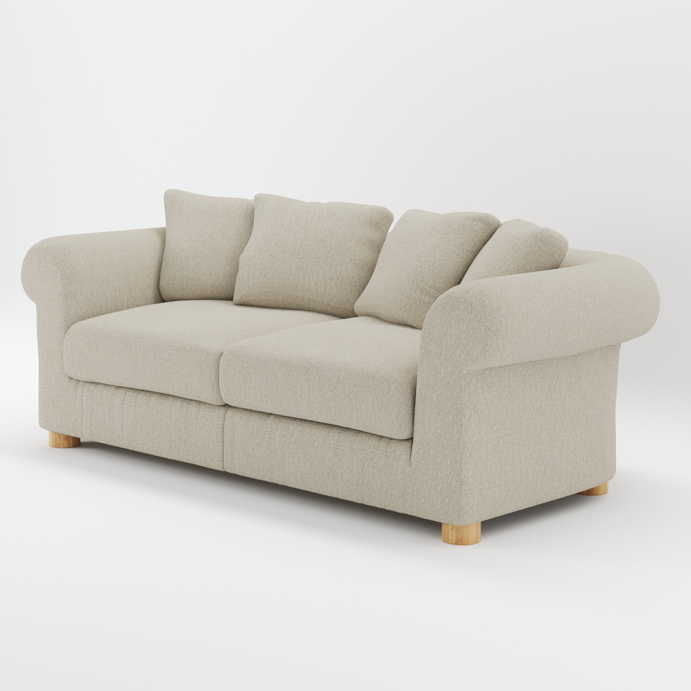 Windermere sofa in Alderney Linen Oatmeal shown at a diagonal angle highlighting arm profile and seat depth.