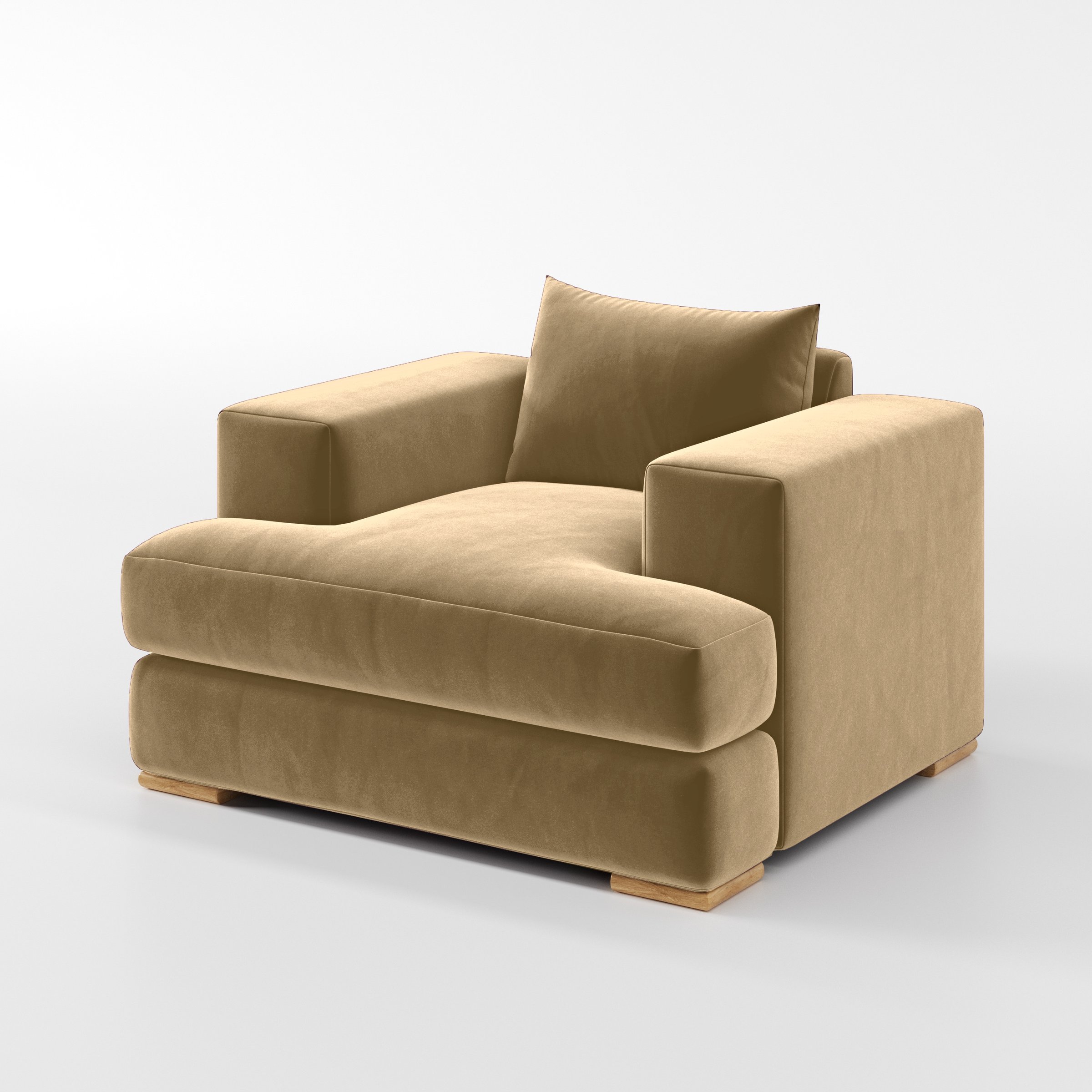 Diagonal view of the Fane armchair upholstered in Plush EasyClean Velvet in Cafe.