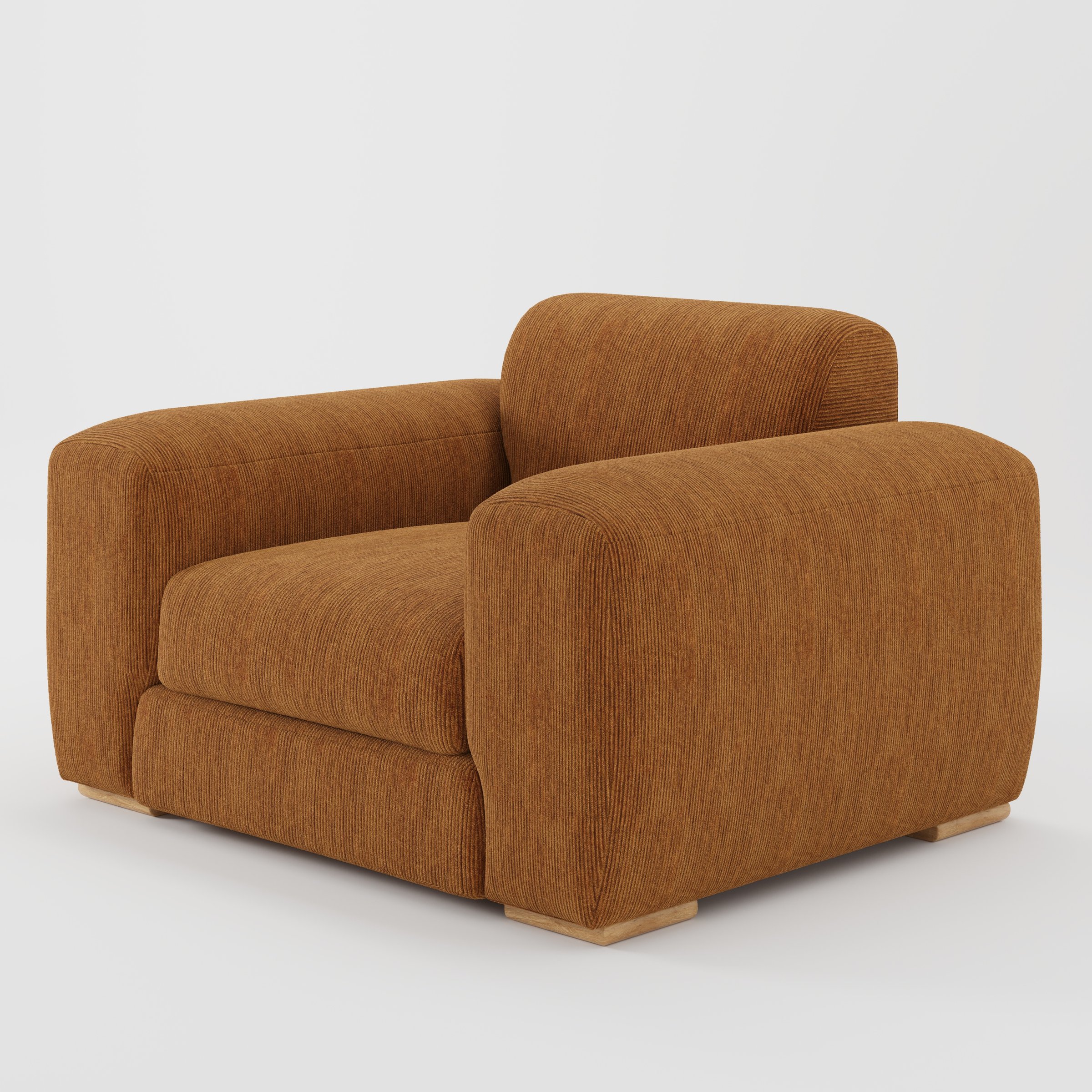 Darwell armchair in Caldey Velvet Corduroy Tobacco shown at a diagonal angle highlighting arms and seat depth.