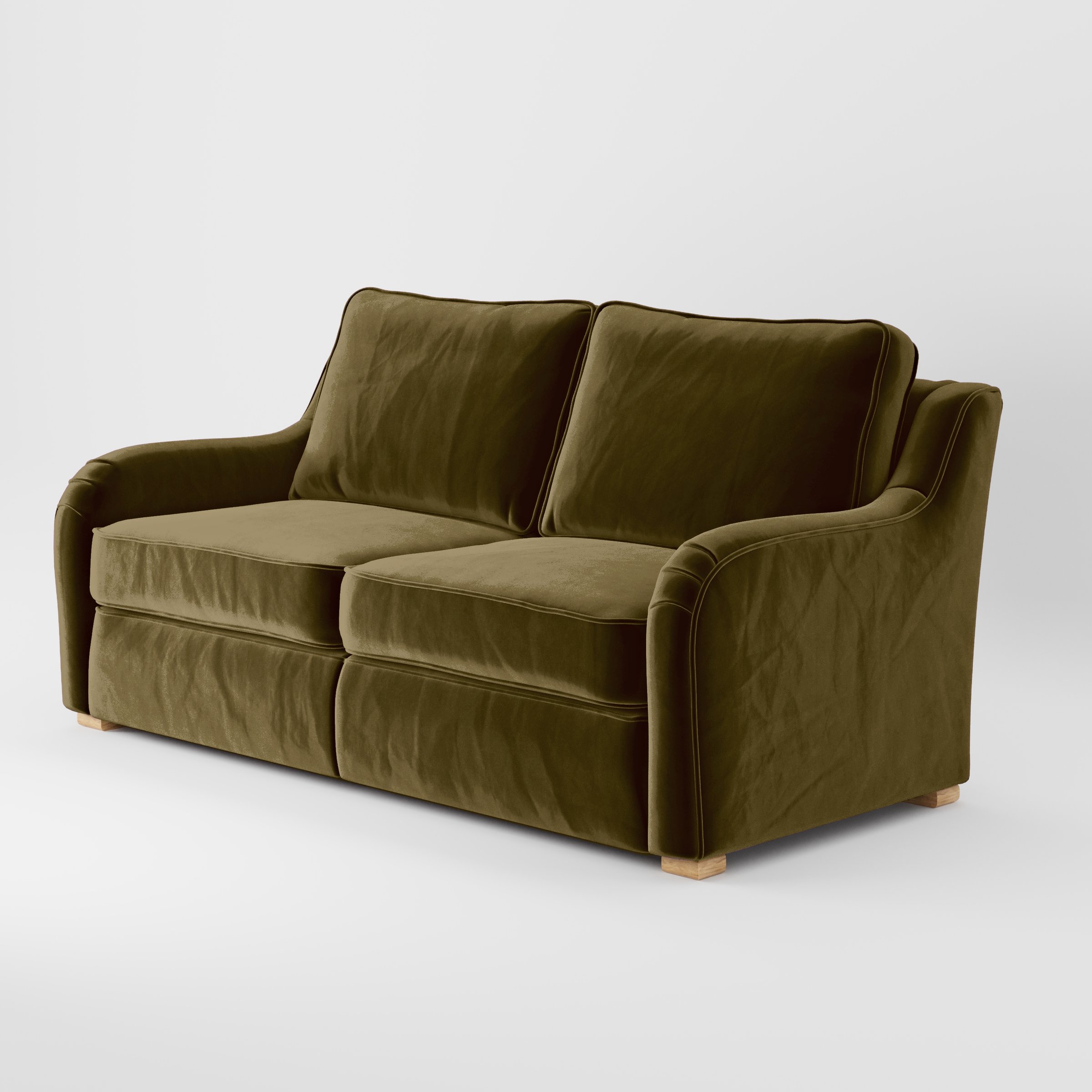 Diagonal view of the Cashel sofa upholstered in Plush EasyClean Velvet in Cedar.