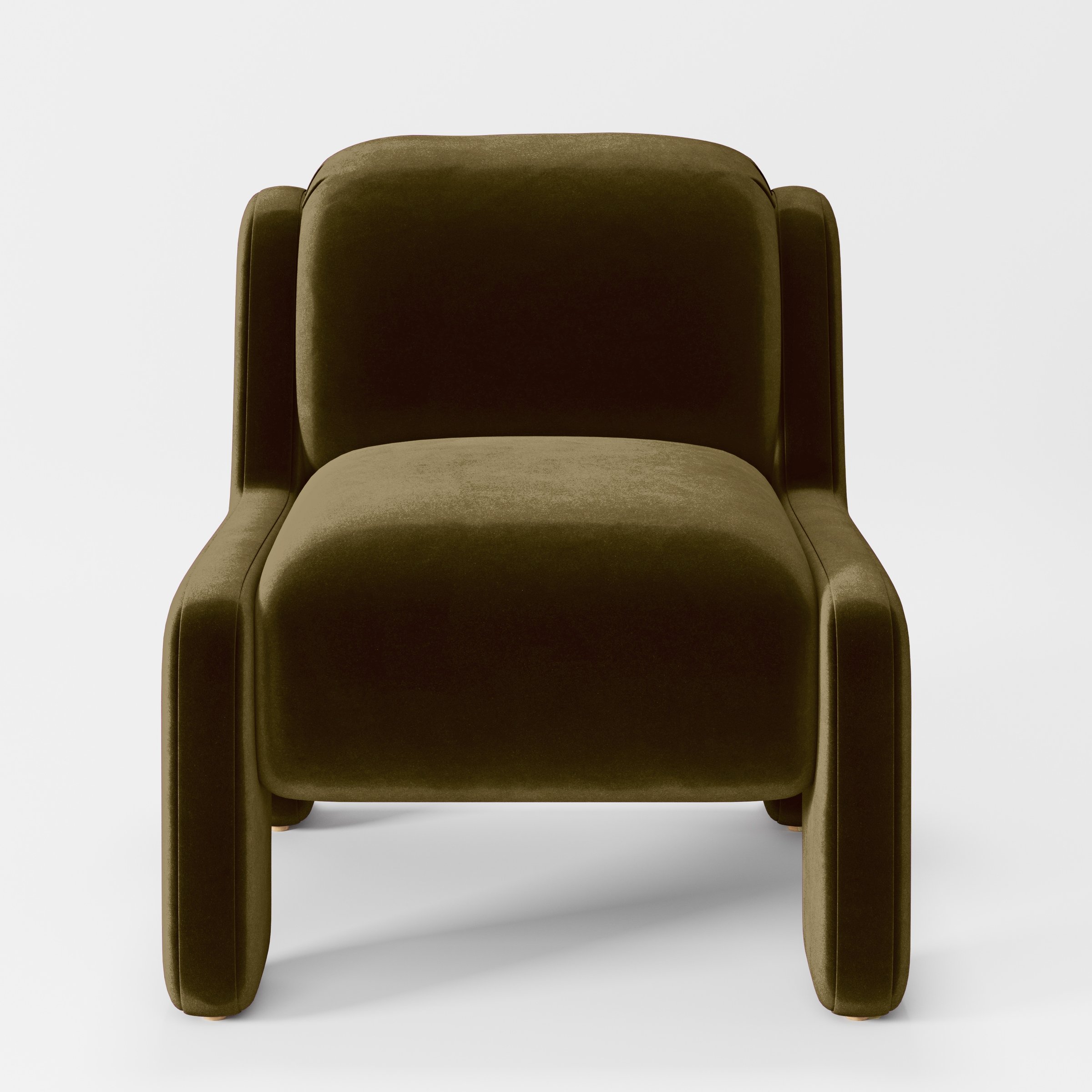 Front view of the Inny armchair upholstered in Plush EasyClean Velvet in Cedar.