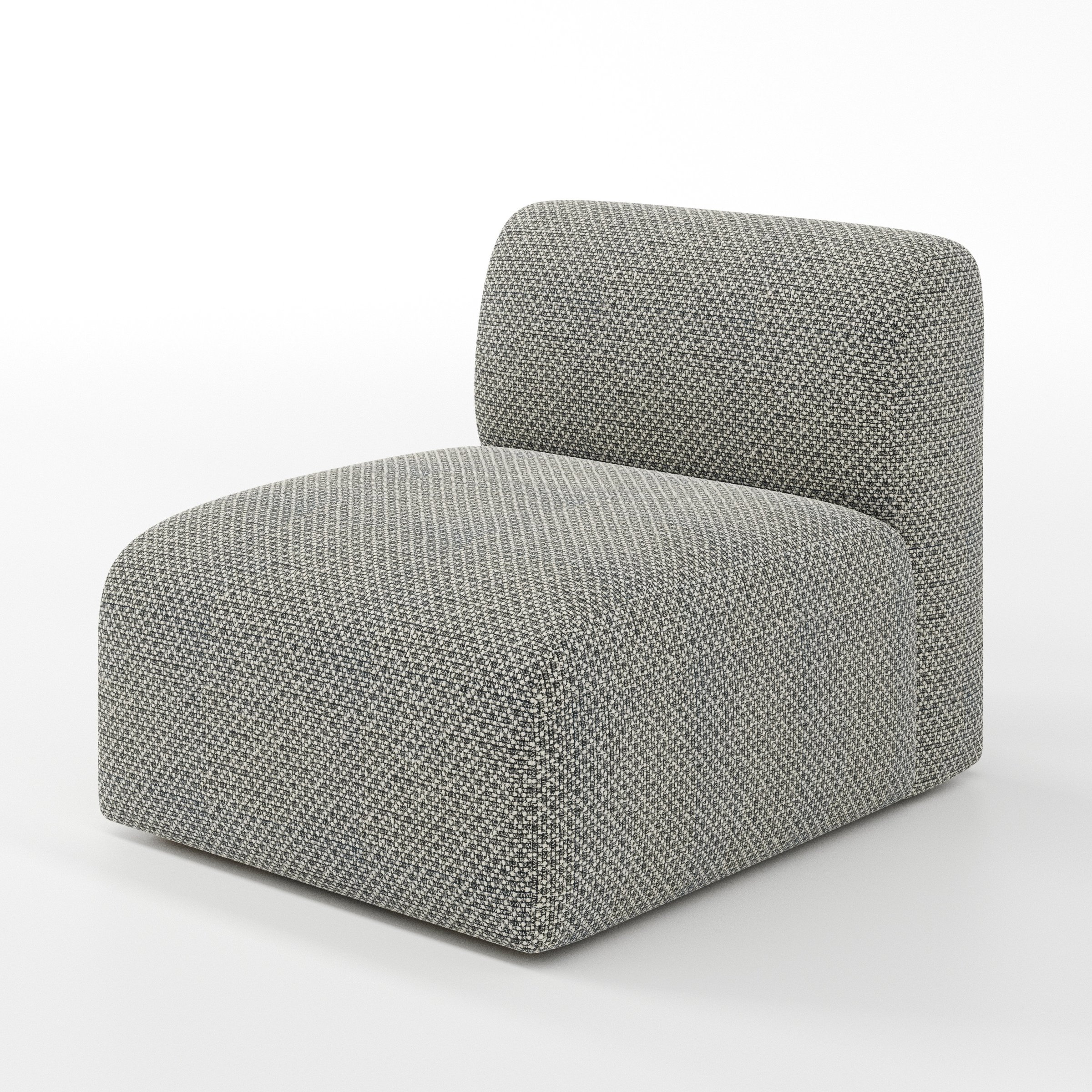 Drumquin modular sofa single unit in Rousay Wool Blend Tar and Chalk shown at a diagonal angle highlighting its curved form and generous proportions.