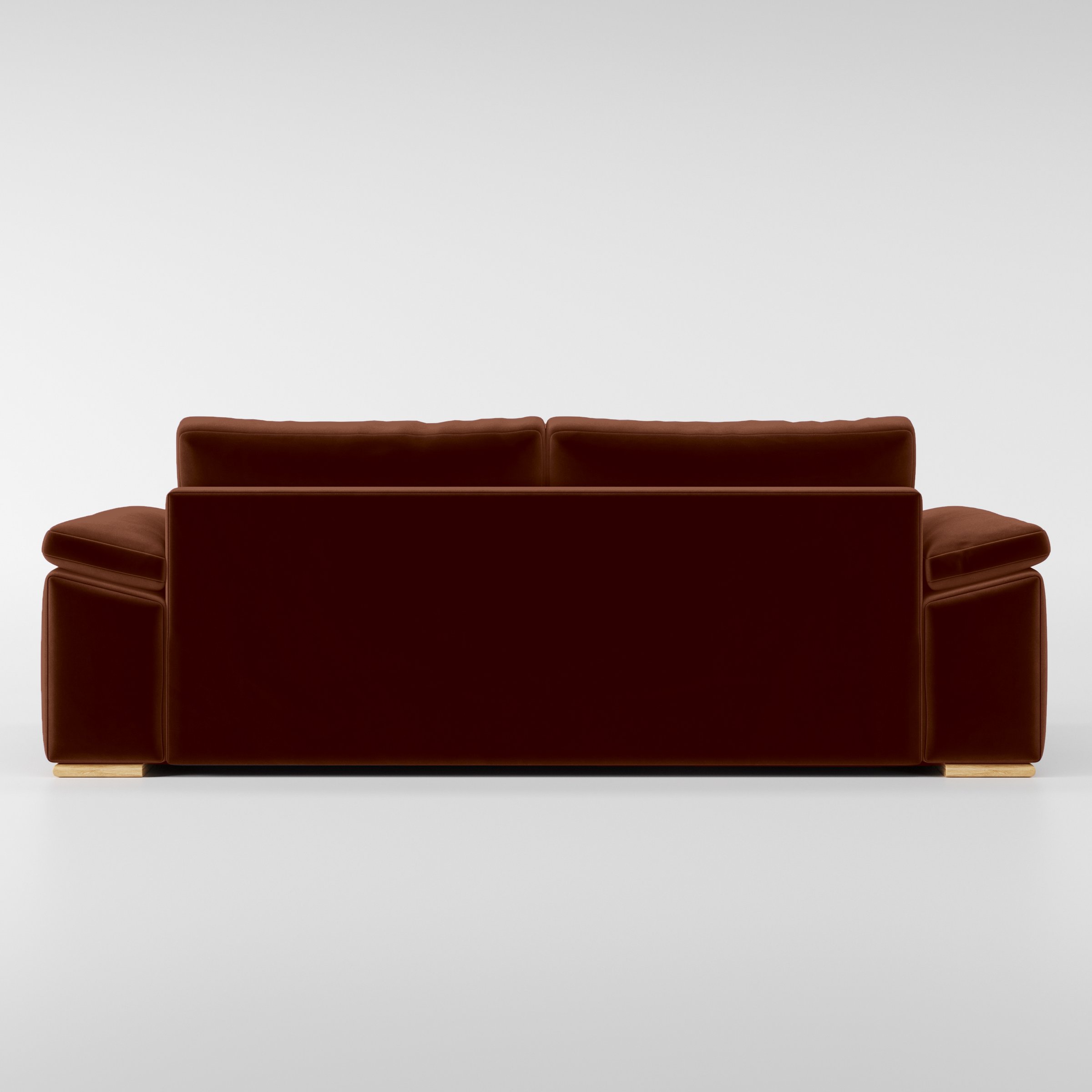 Rear view of the Moy sofa upholstered in Plush EasyClean Velvet in Maple.