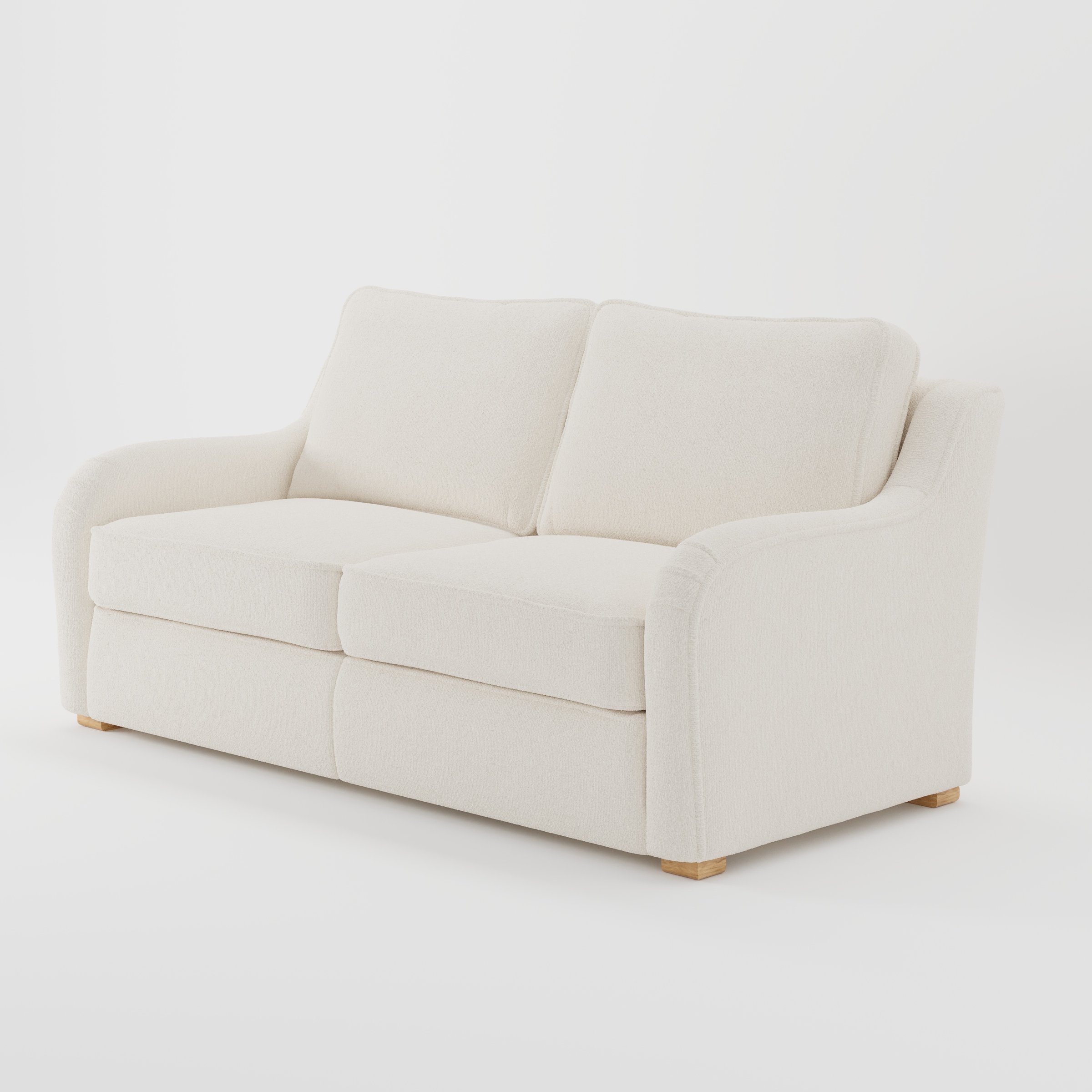 Cashel sofa in Kilda Boucle Cream shown at a diagonal angle highlighting arm profile and seat depth.