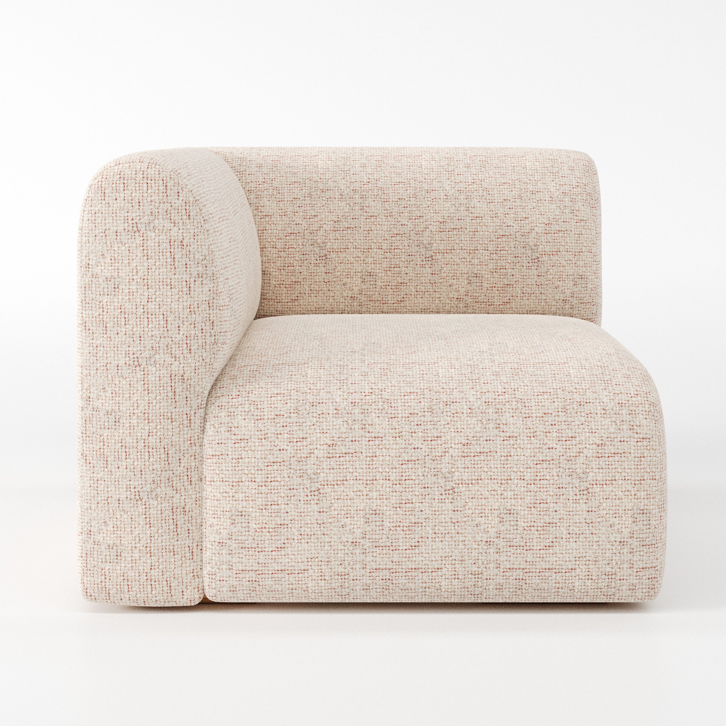 Drumquin modular sofa corner unit in Orsay Bouclé Cream and Copper shown from the left highlighting the wraparound back and soft, sculpted form.