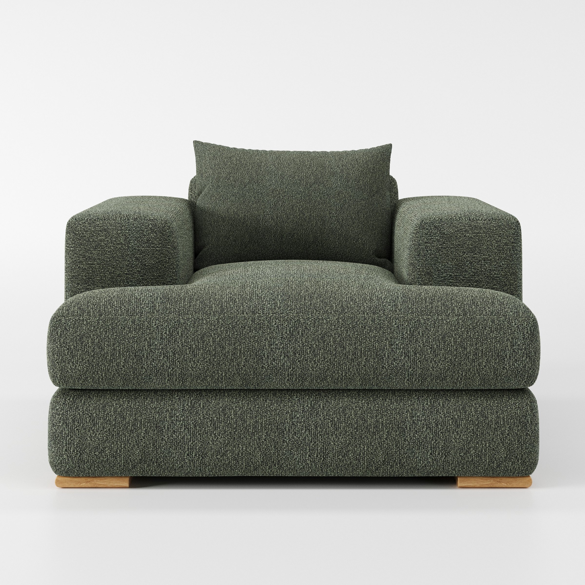 Fane armchair in Kilda Boucle Moss shown front-on against a neutral studio backdrop.