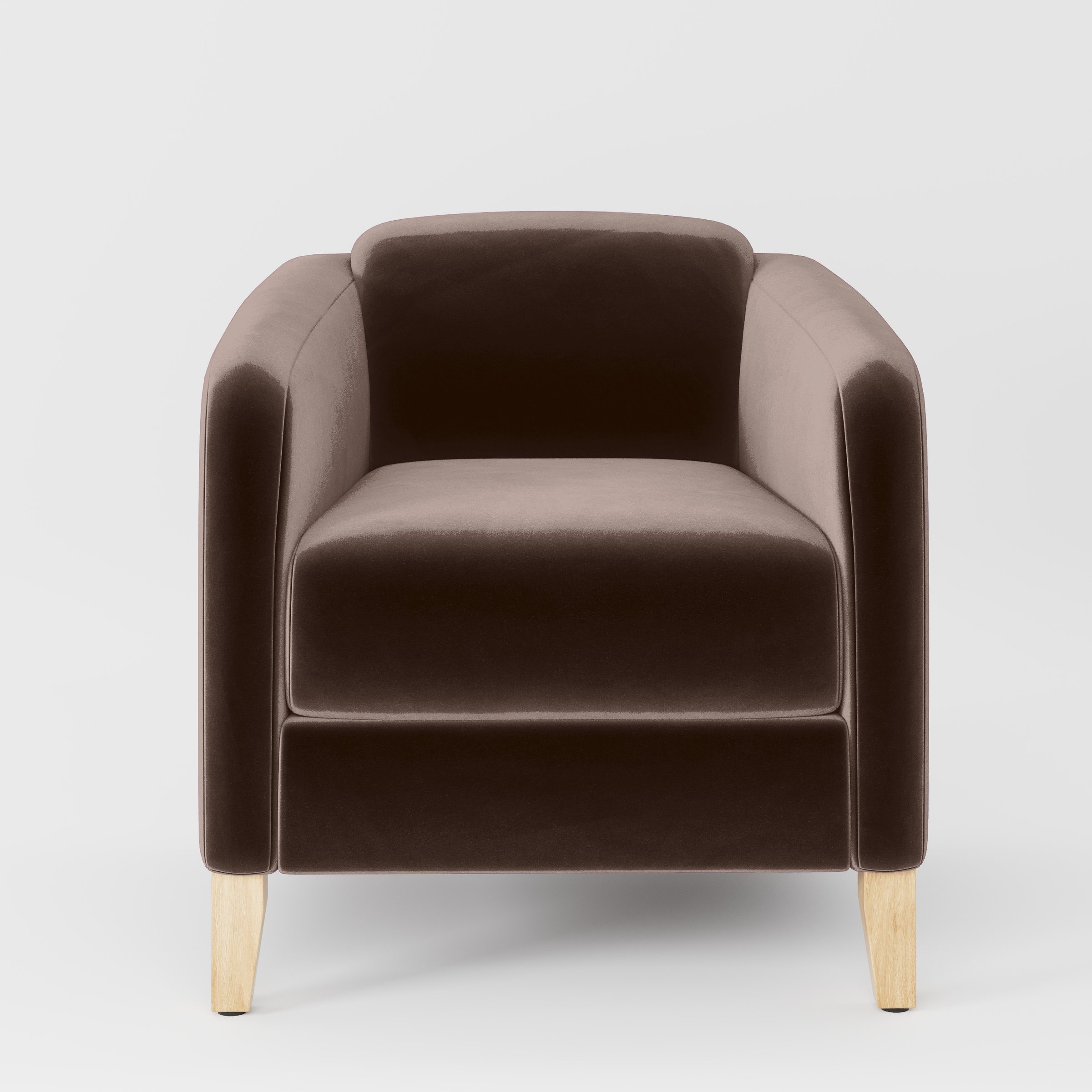Front view of the Erne armchair upholstered in Plush EasyClean Velvet in Mole.