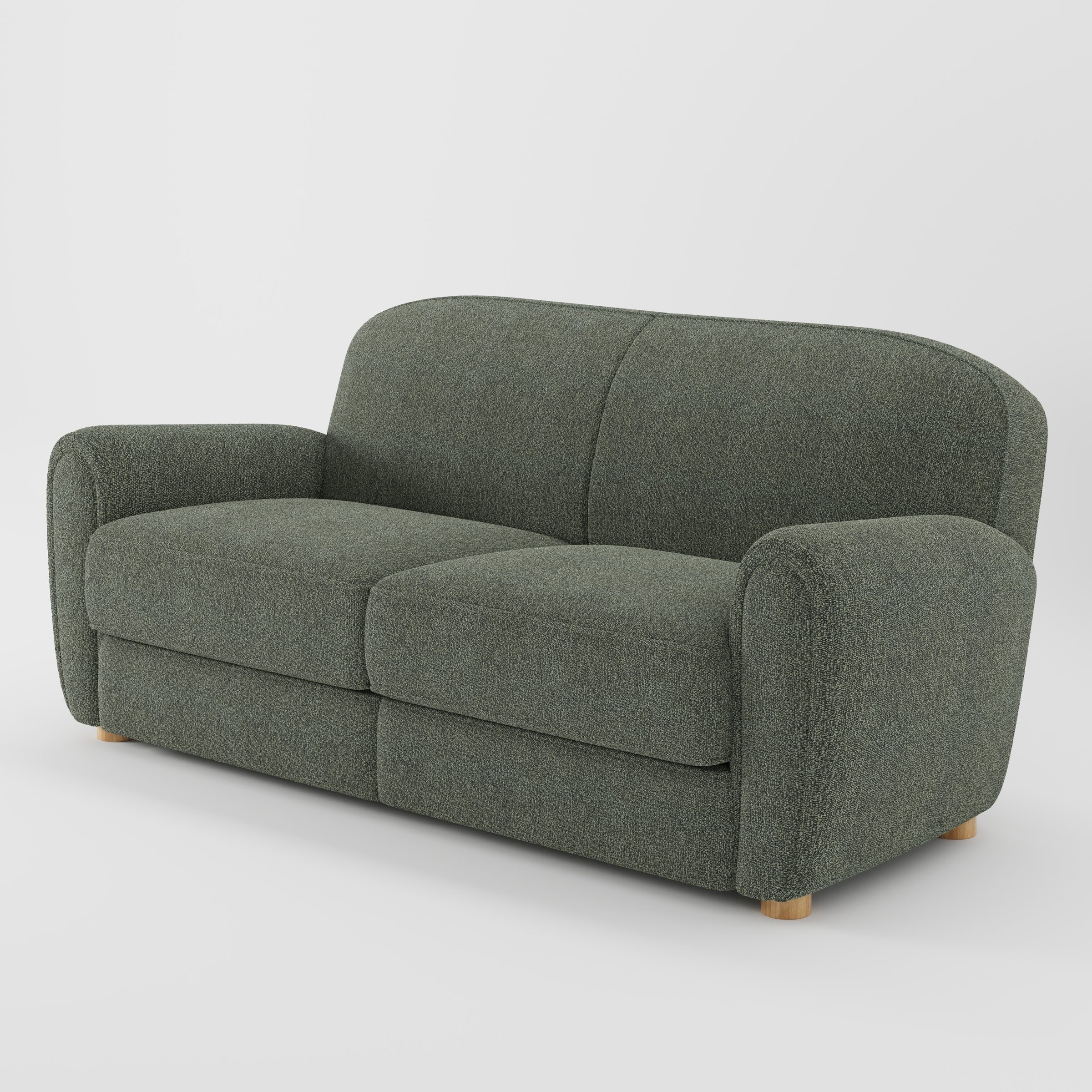 Fergus sofa in Kilda Boucle Moss shown at a diagonal angle highlighting arm profile and seat depth.