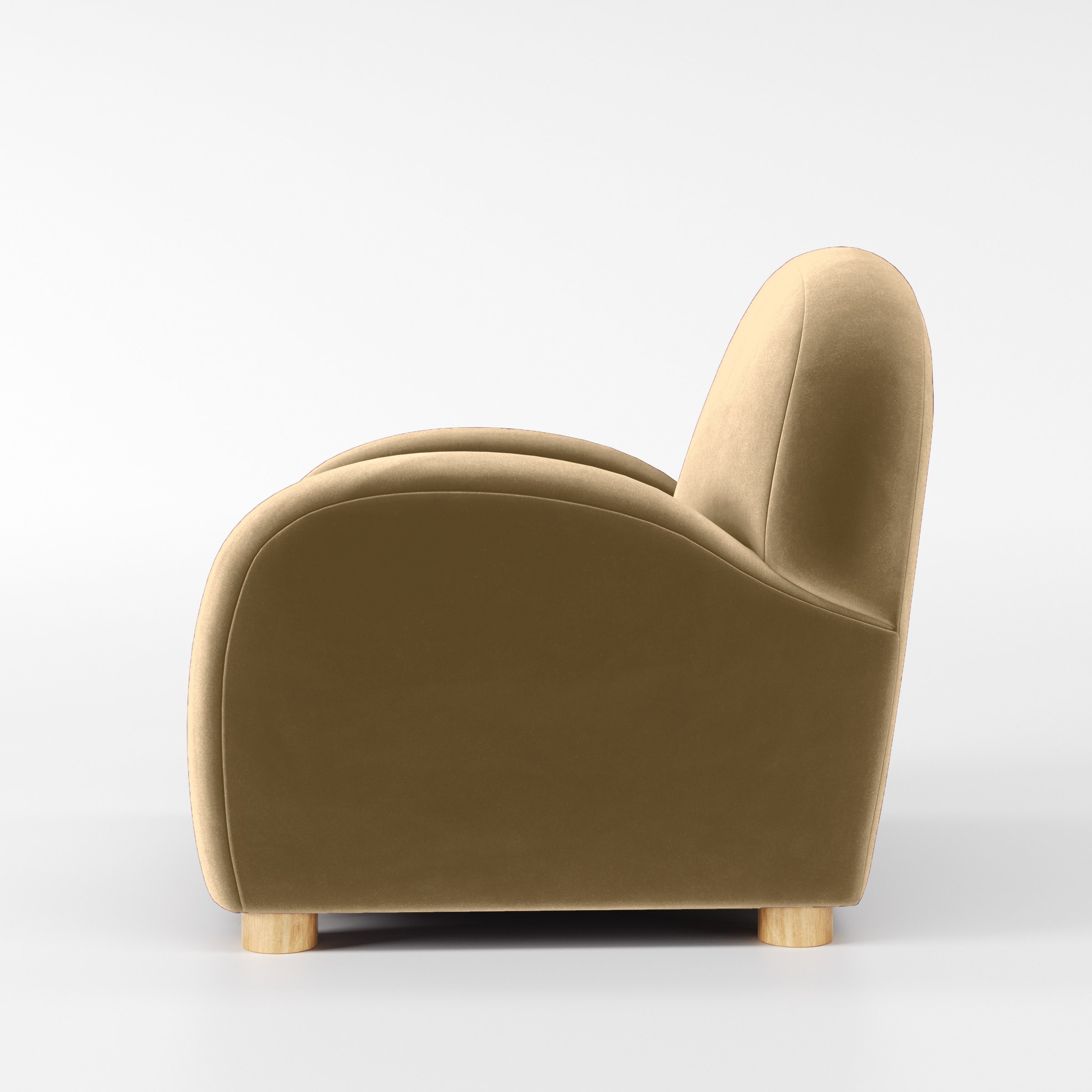 Side view of the Awe armchair upholstered in Plush EasyClean Velvet in Cafe.