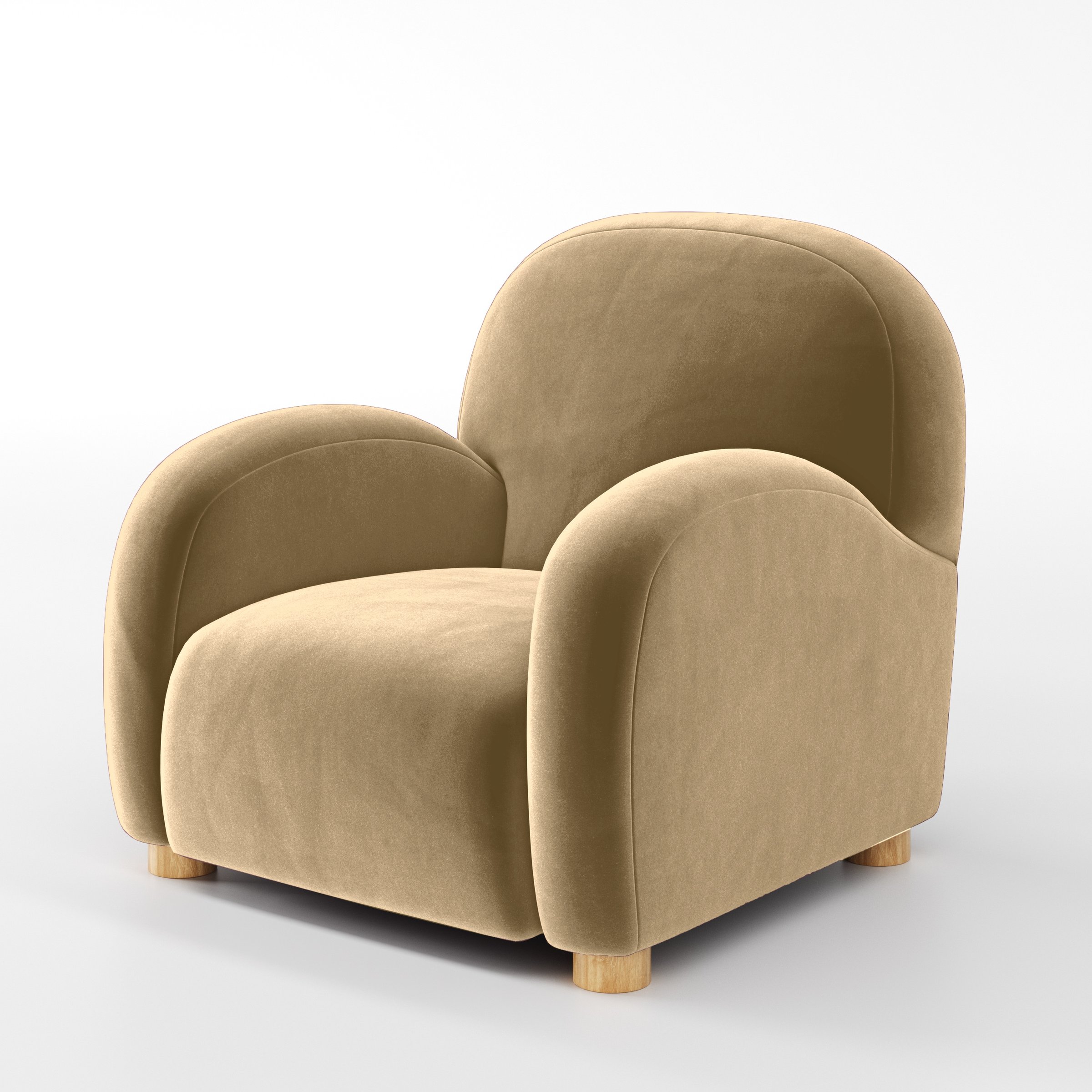 Diagonal view of the Awe armchair upholstered in Plush EasyClean Velvet in Cafe.
