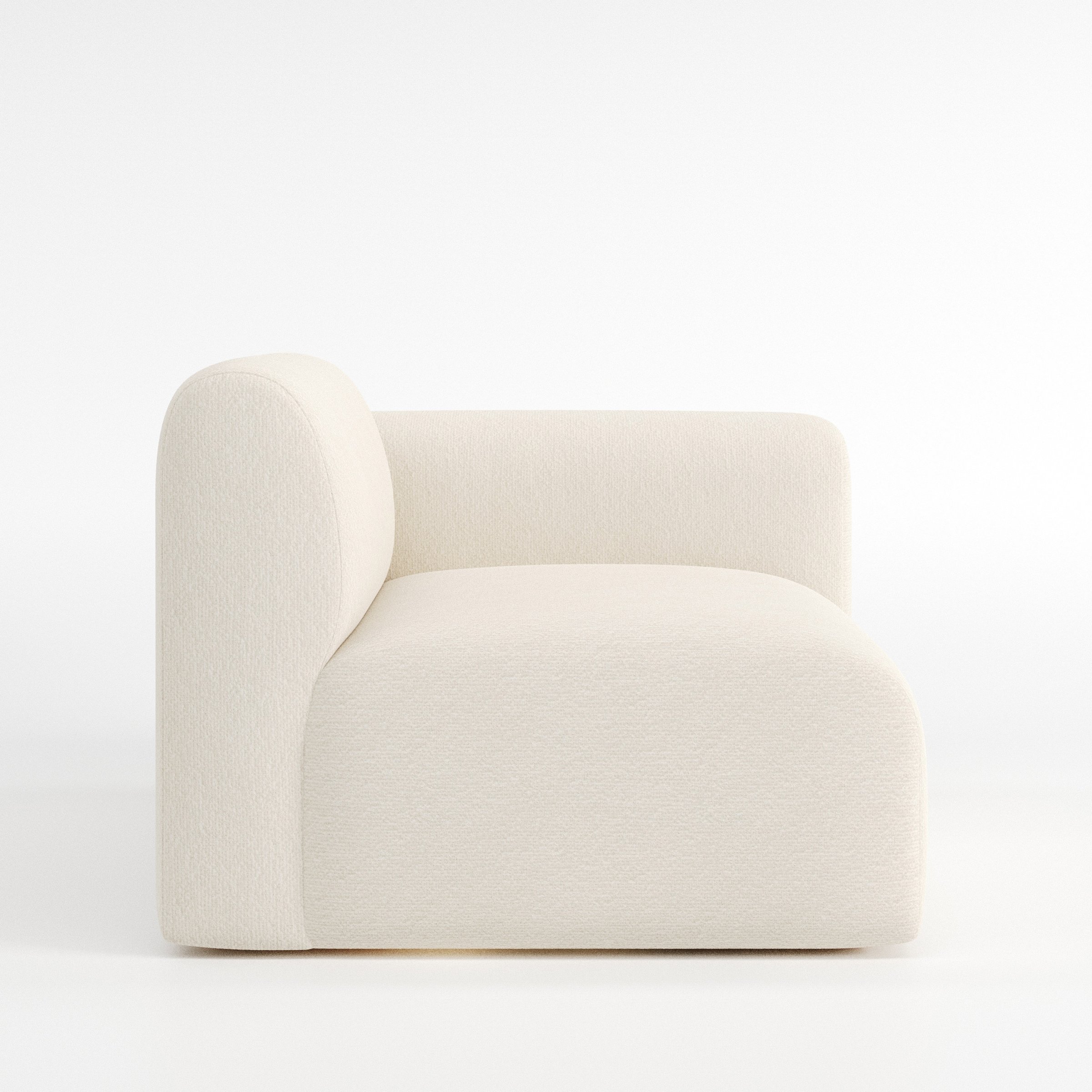 Drumquin modular sofa right side unit in Kilda Bouclé Cream shown from the side showing the rounded right armrest and deep seat profile.