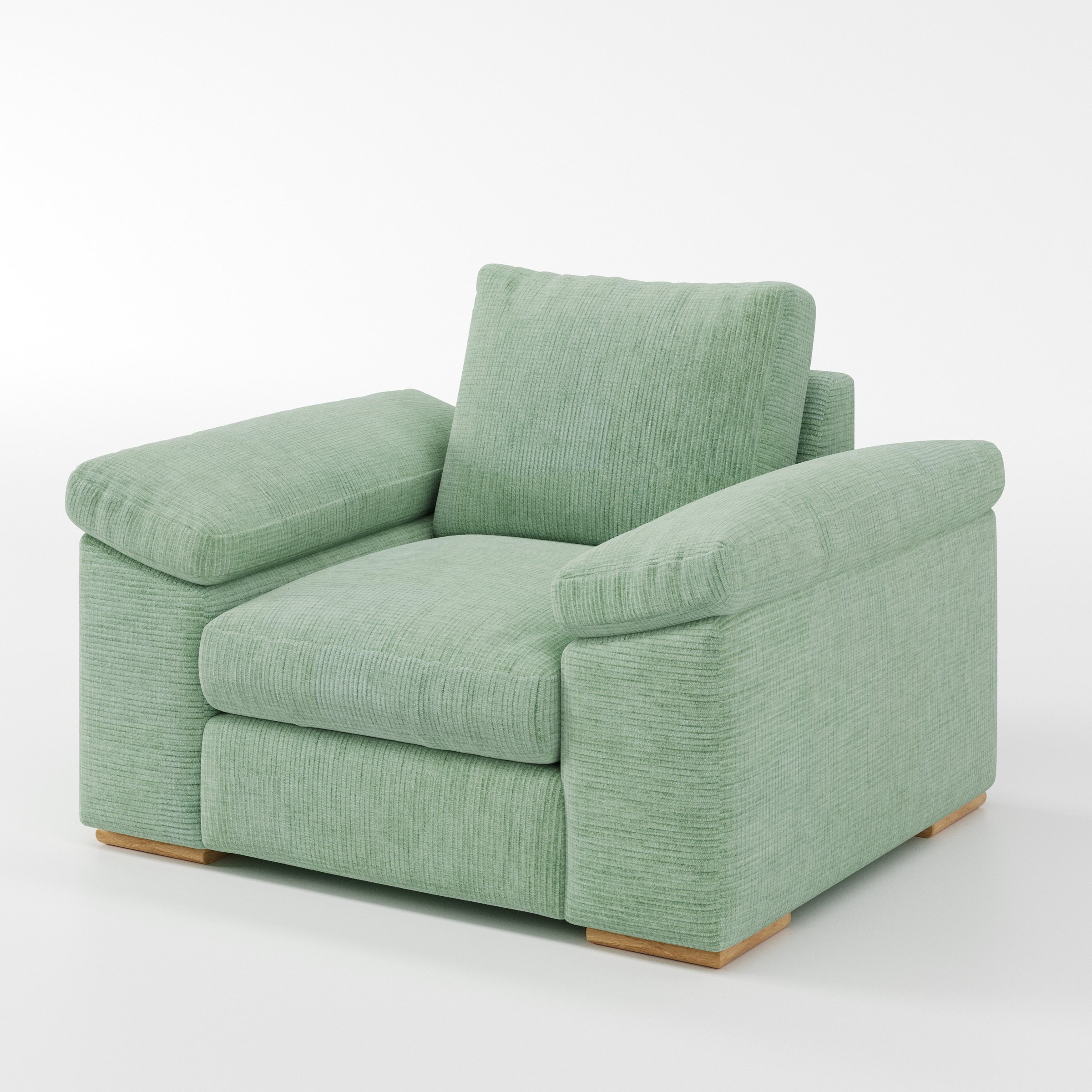 Moy armchair in Caldey Velvet Corduroy Eucalyptus shown at a diagonal angle highlighting arms and seat depth.