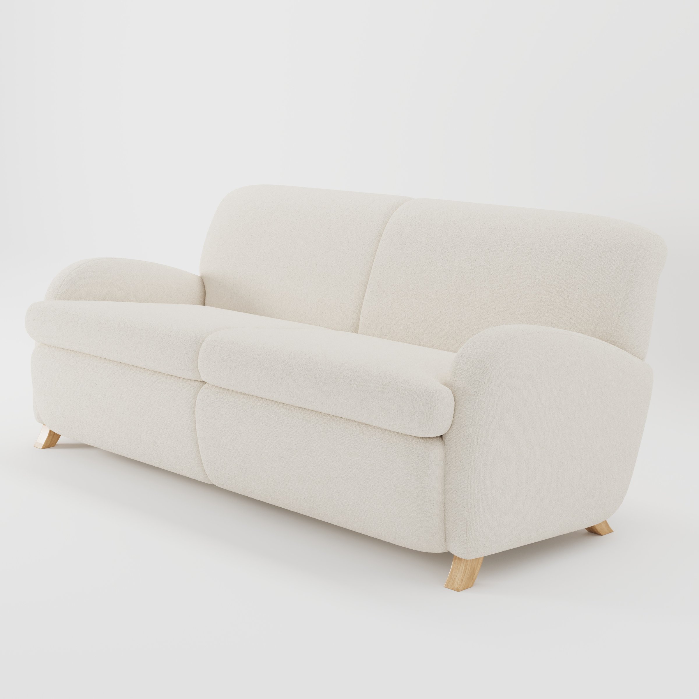 Rye sofa in Kilda Boucle Cream shown at a diagonal angle highlighting arm profile and seat depth.