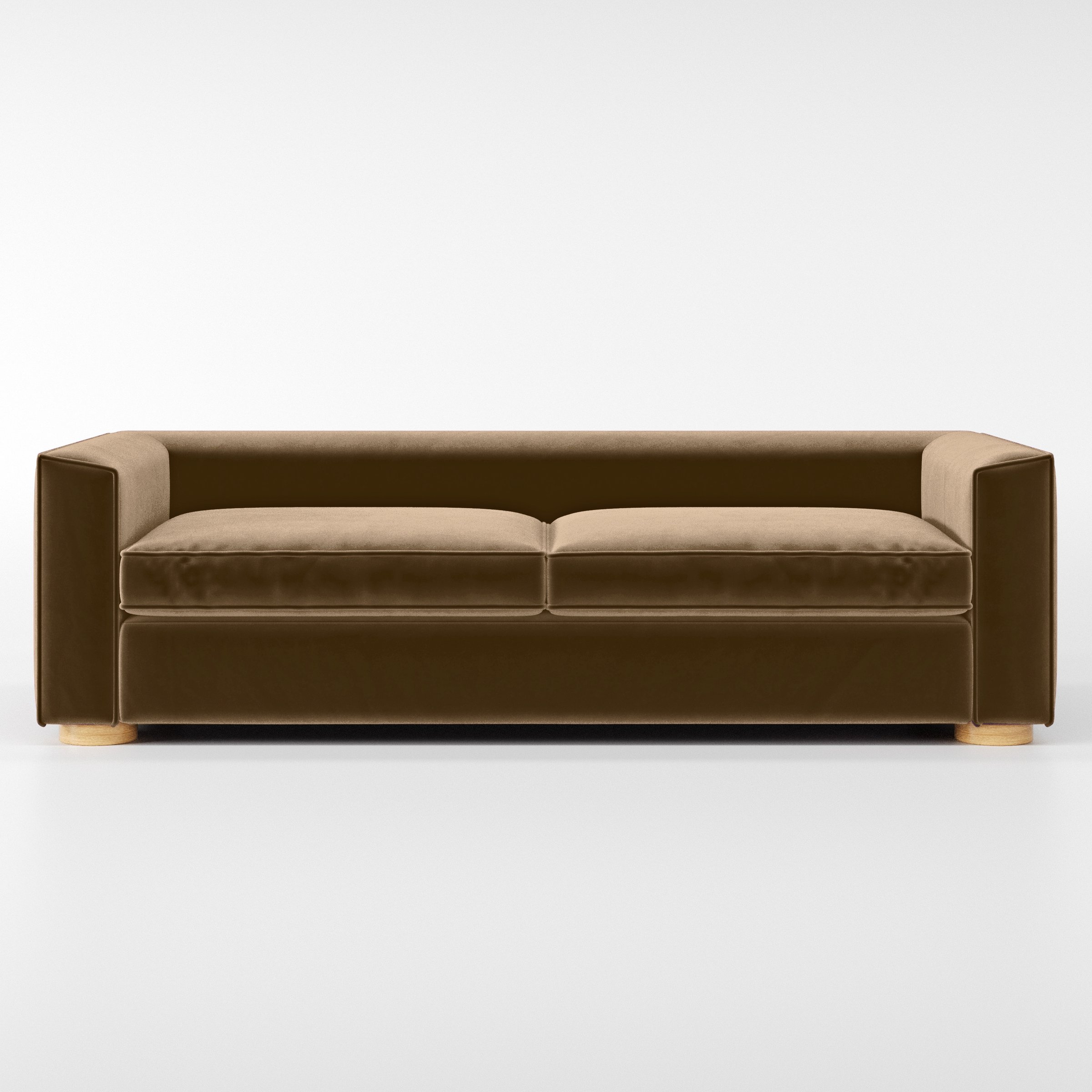 Front view of the Feale sofa upholstered in Plush EasyClean Velvet in Caribou.
