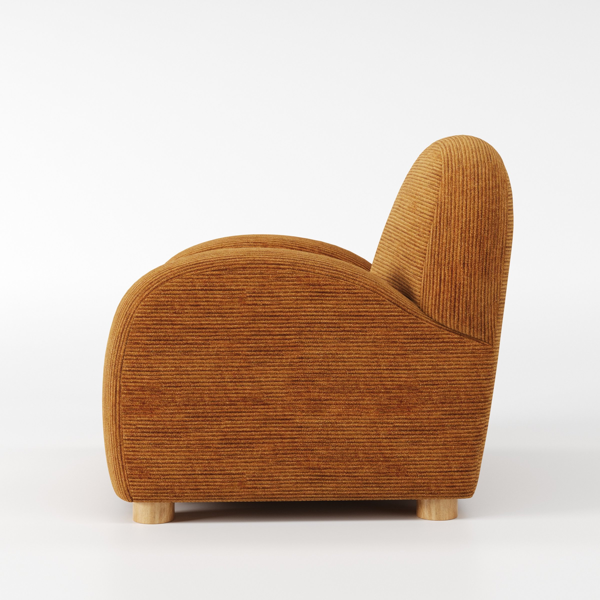 Awe armchair in Caldey Velvet Corduroy Tobacco shown in side profile displaying proportions and overall silhouette.