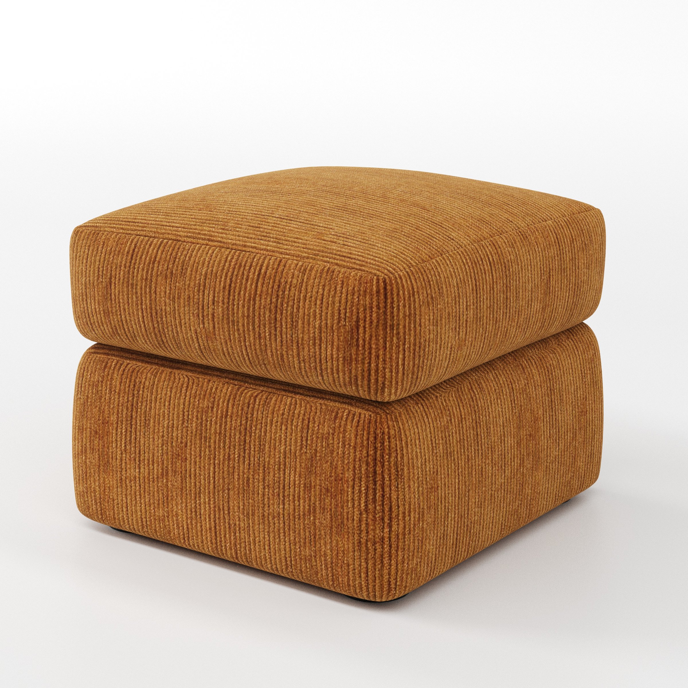 Coniston footstool in Caldey Velvet Corduroy Tobacco shown at a diagonal angle highlighting clean lines and deep cushioning.