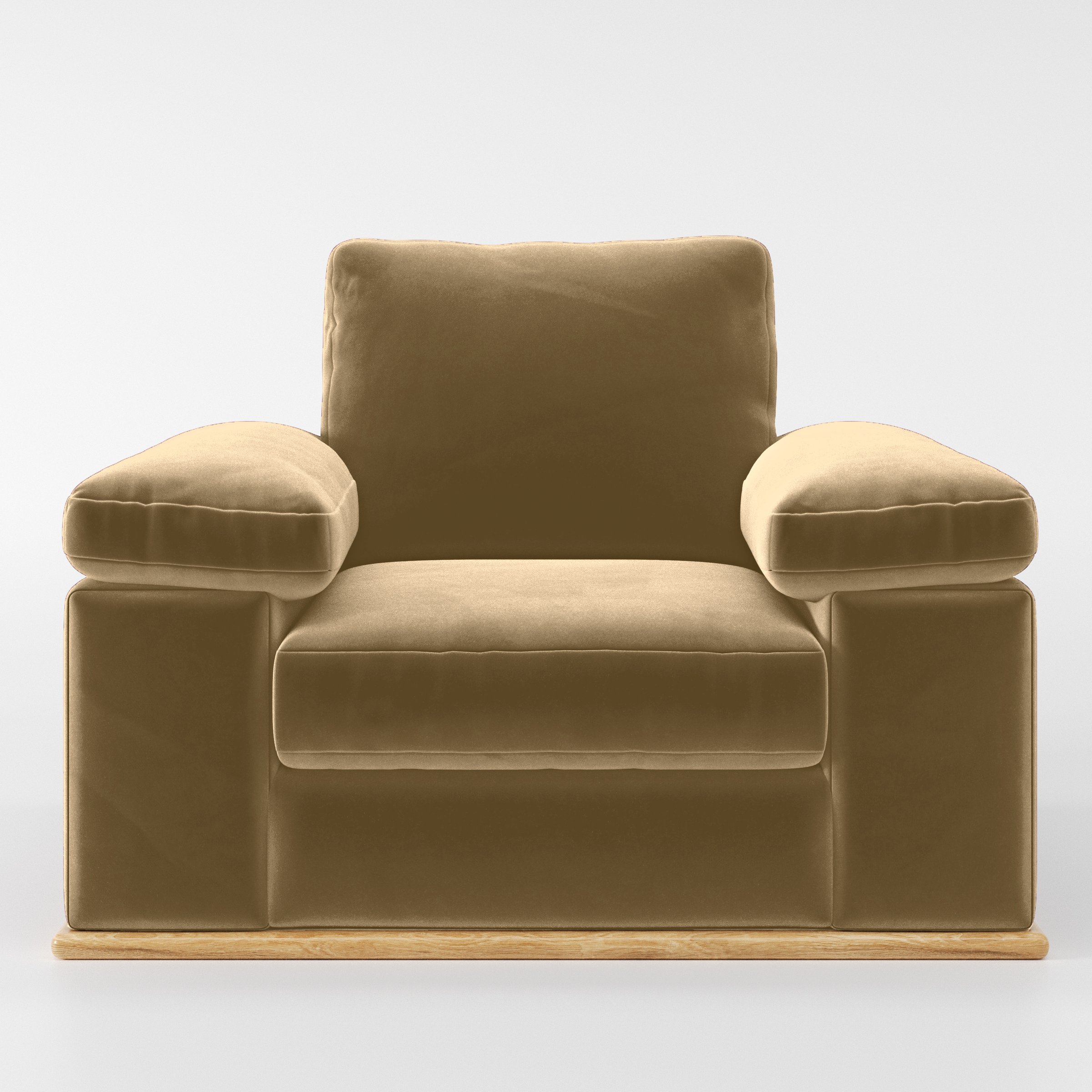 Front view of the Cusher armchair upholstered in Plush EasyClean Velvet in Cafe.