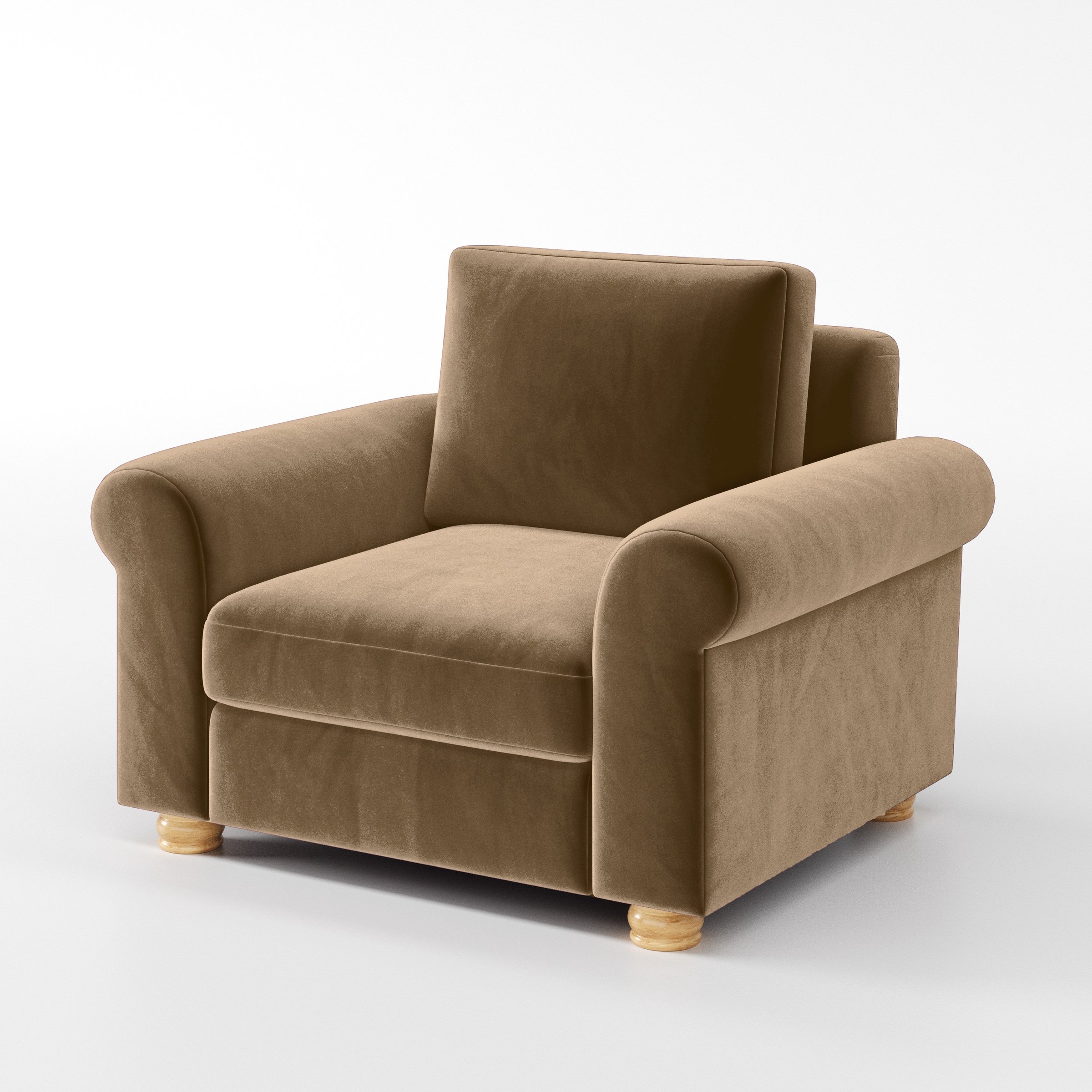 Diagonal view of the Anna Lee armchair upholstered in Plush EasyClean Velvet in Caribou.