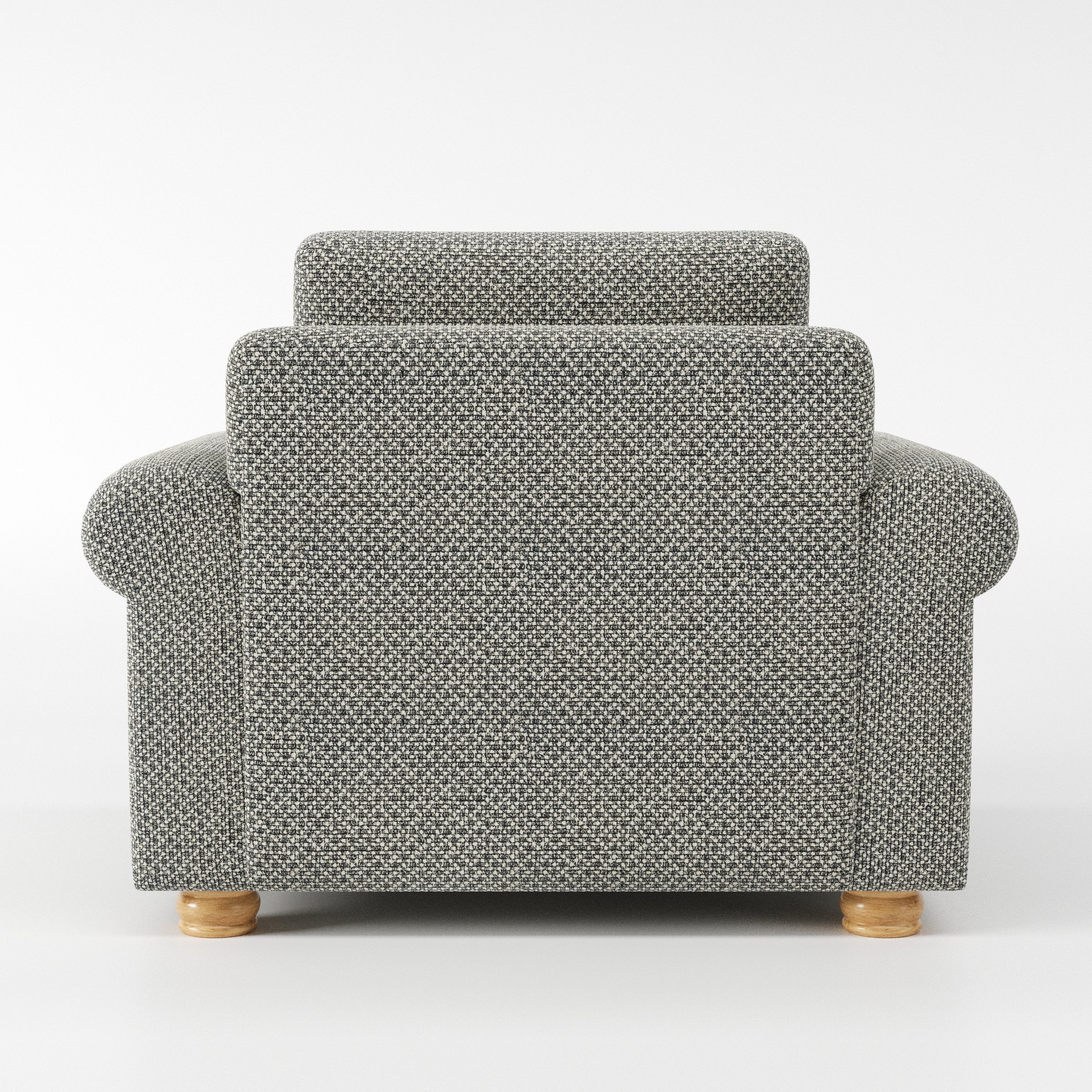 Anna Lee armchair in Rousay Wool Blend Tar and Chalk shown from the rear highlighting backrest shape and upholstery finish.