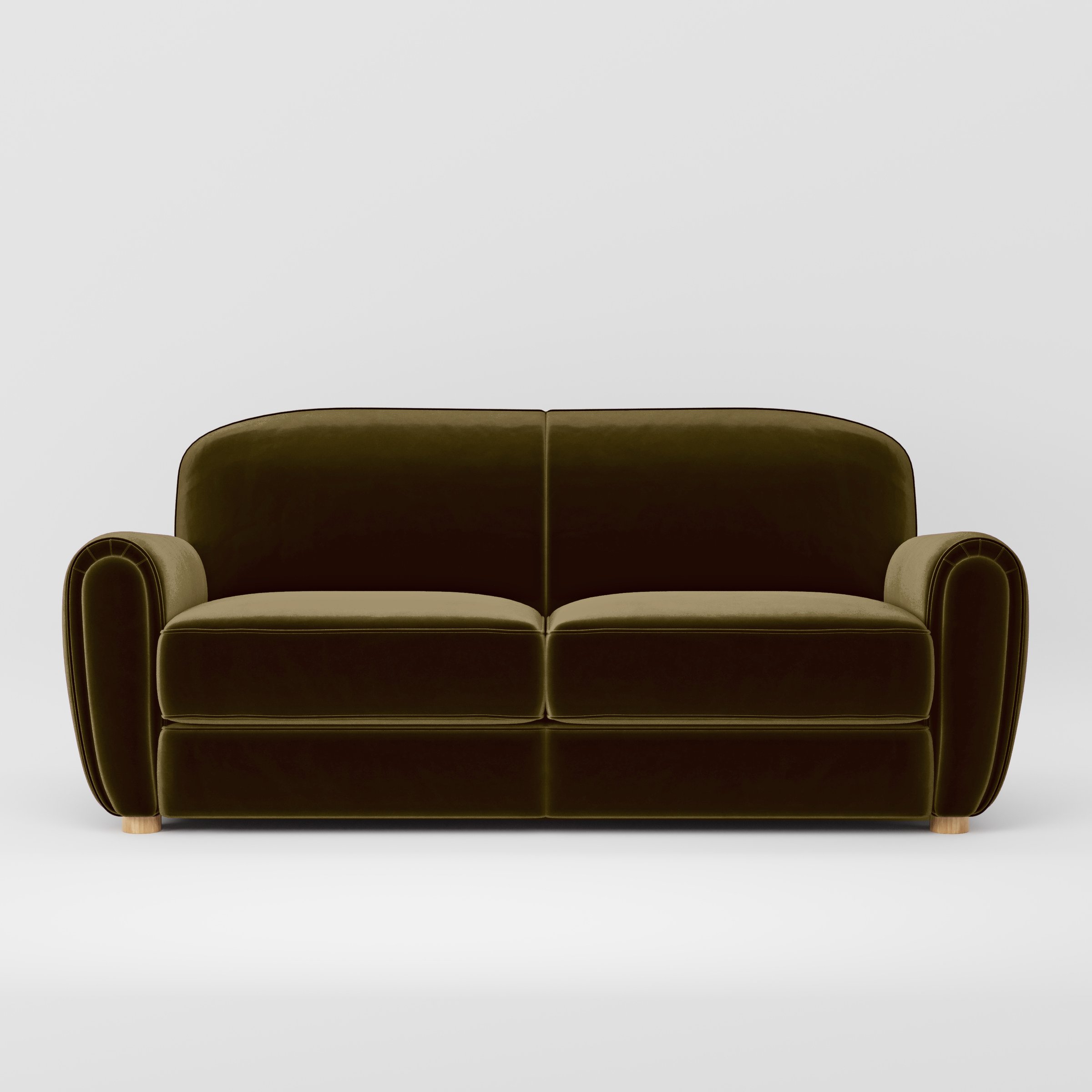Front view of the Fergus sofa upholstered in Plush EasyClean Velvet in Cedar.