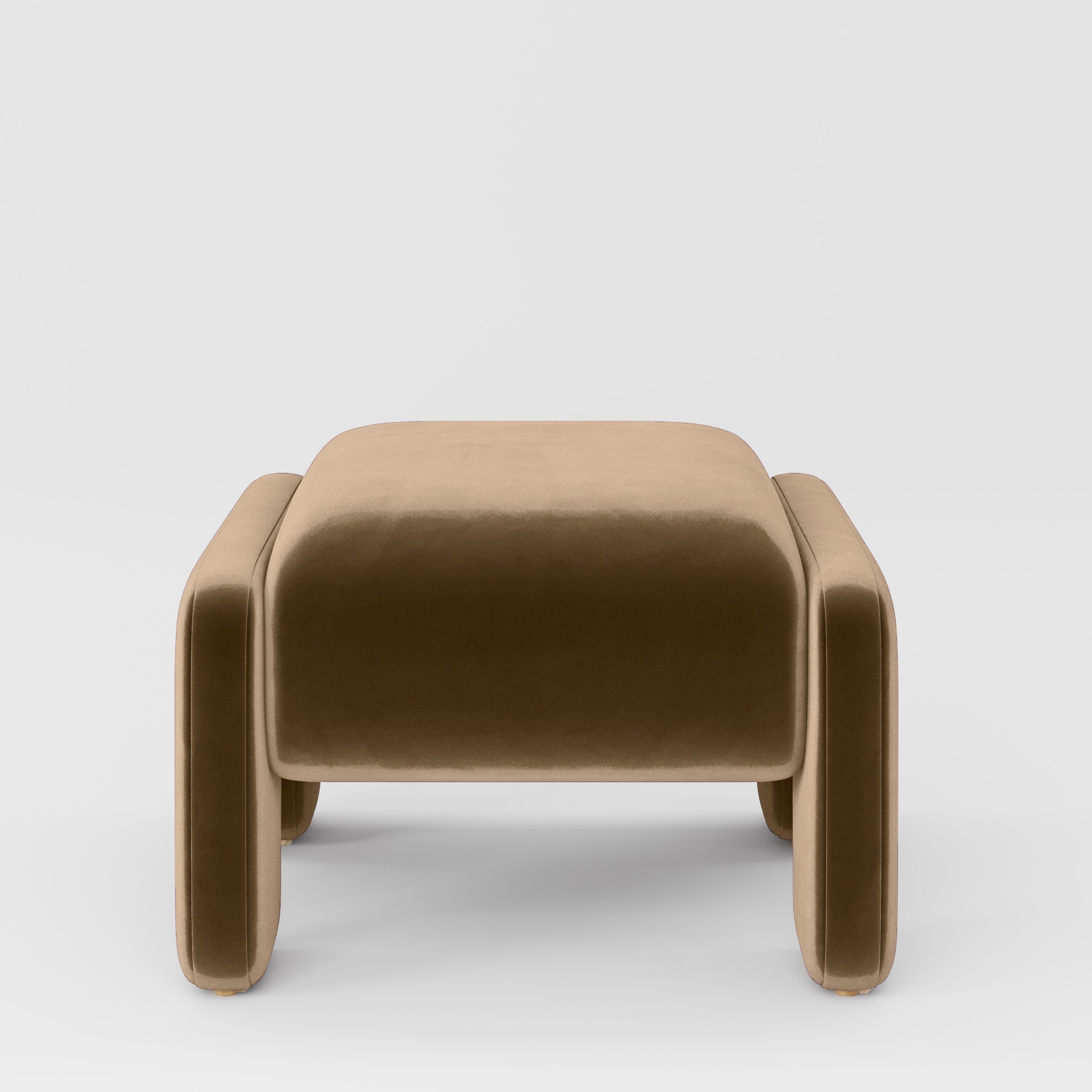 Front view of the Inny footstool upholstered in Plush EasyClean Velvet in Caribou.
