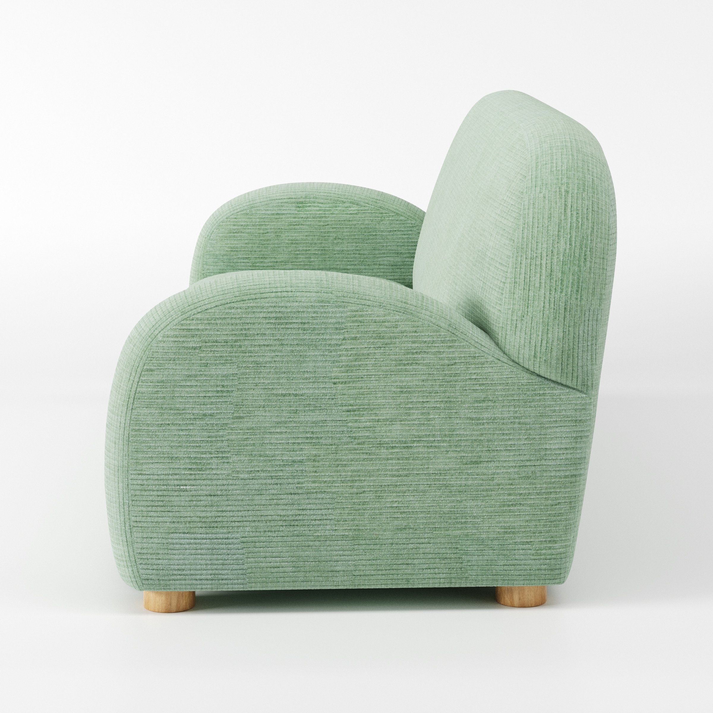 Awe sofa in Caldey Velvet Corduroy Eucalyptus shown in side profile displaying proportions and overall silhouette.