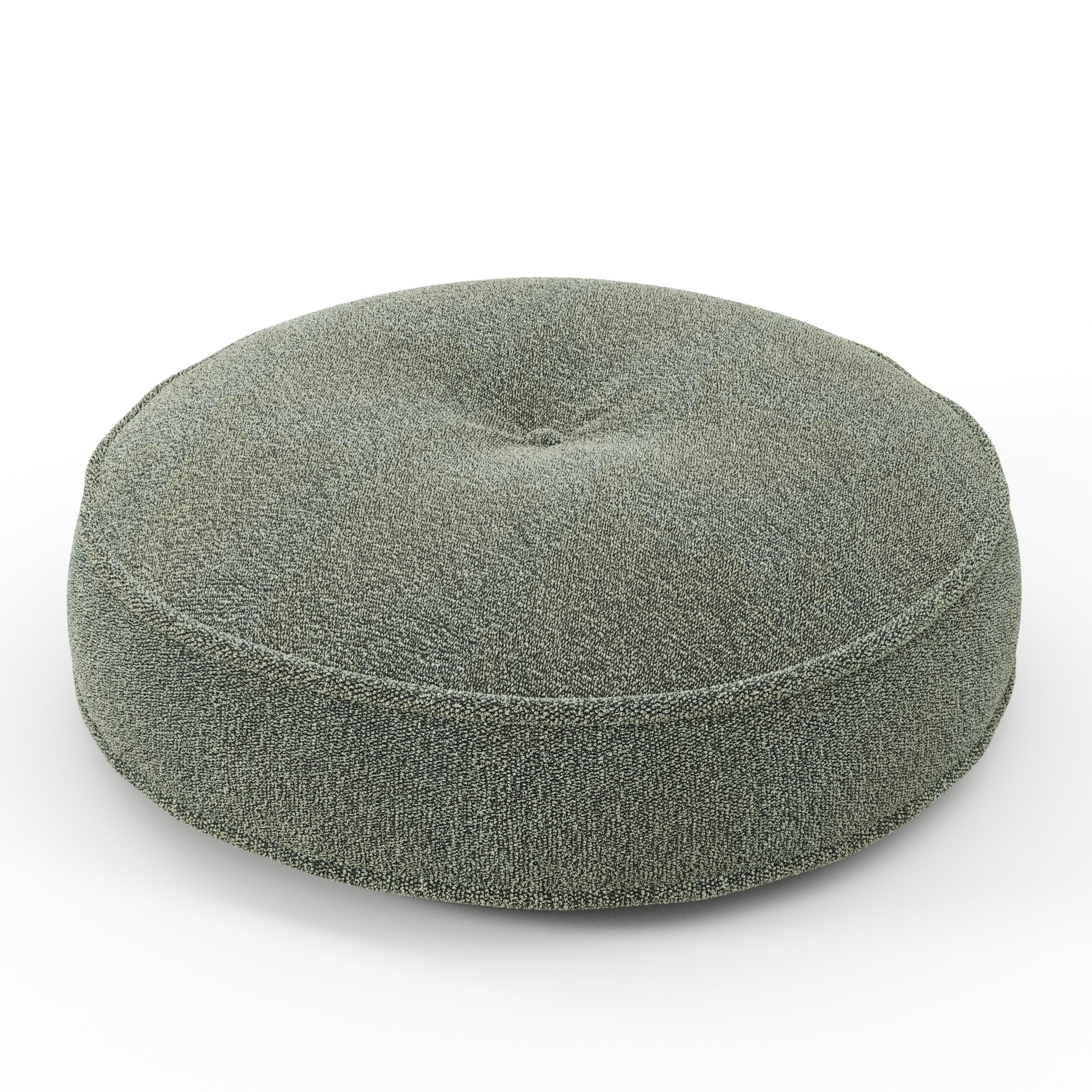 Cove cushion in Kilda Boucle Moss, round tufted cushion with border and piping in textured moss green boucle with central tuft, size 50cm x 8.75cm