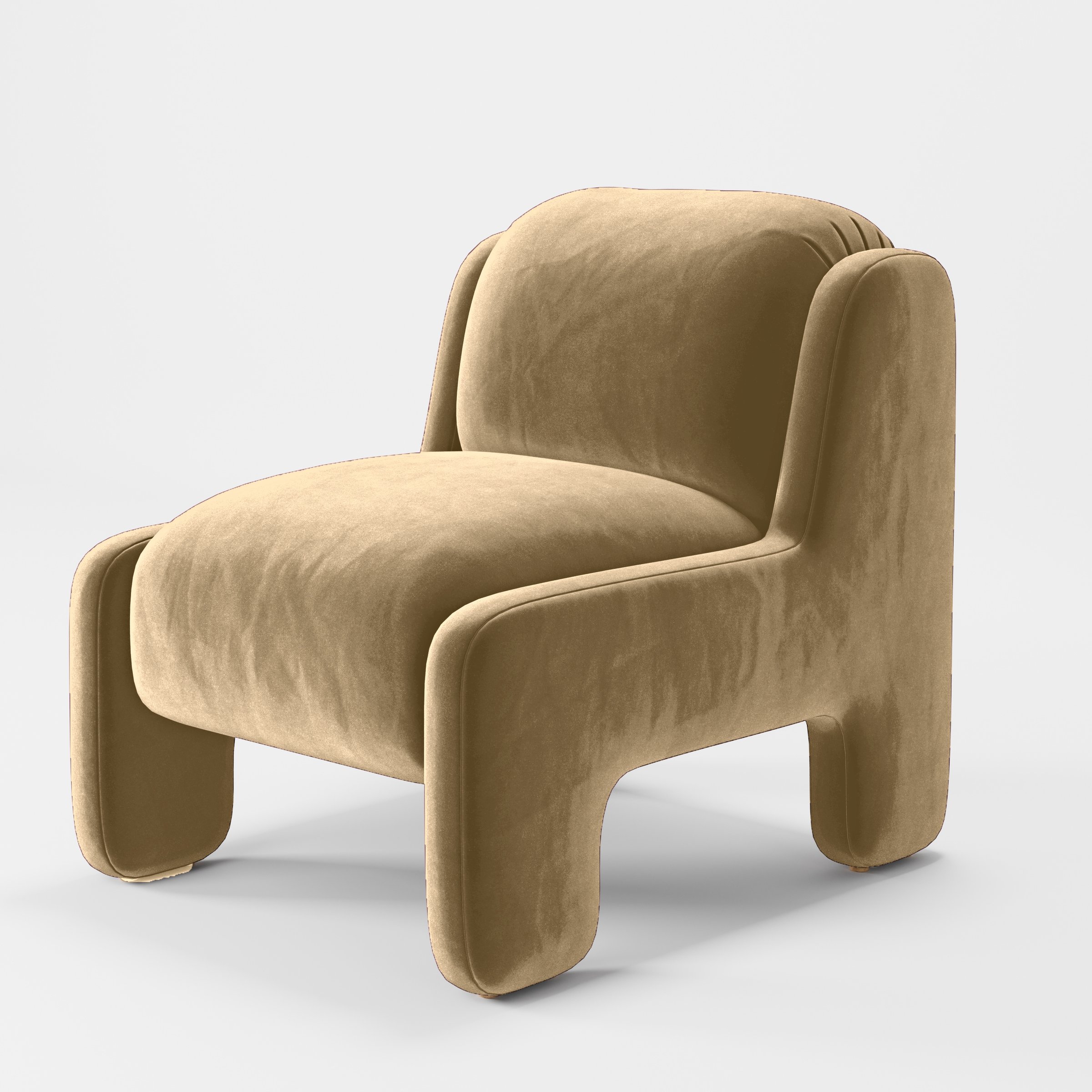 Diagonal view of the Inny armchair upholstered in Plush EasyClean Velvet in Cafe.